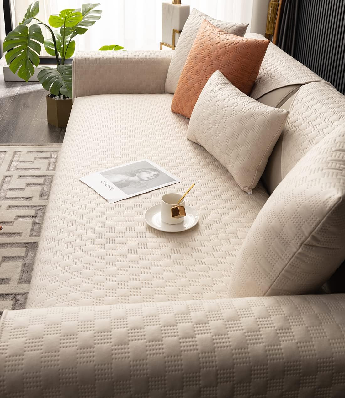 vctops Luxury Water Resistant Quilted Sofa Cover Faux Suede Plaid Sectional Couch Cover Anti-Slip Sofa Slipcover for Dogs, Children, Pets Furniture Protector (Beige,36"x94")
