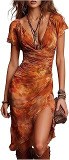 Womens Boho Midi Dresses Short Sleeve Floral Printed Deep V Neck Sundress Casual Sexy Side Slit Ruched Beach Dresses