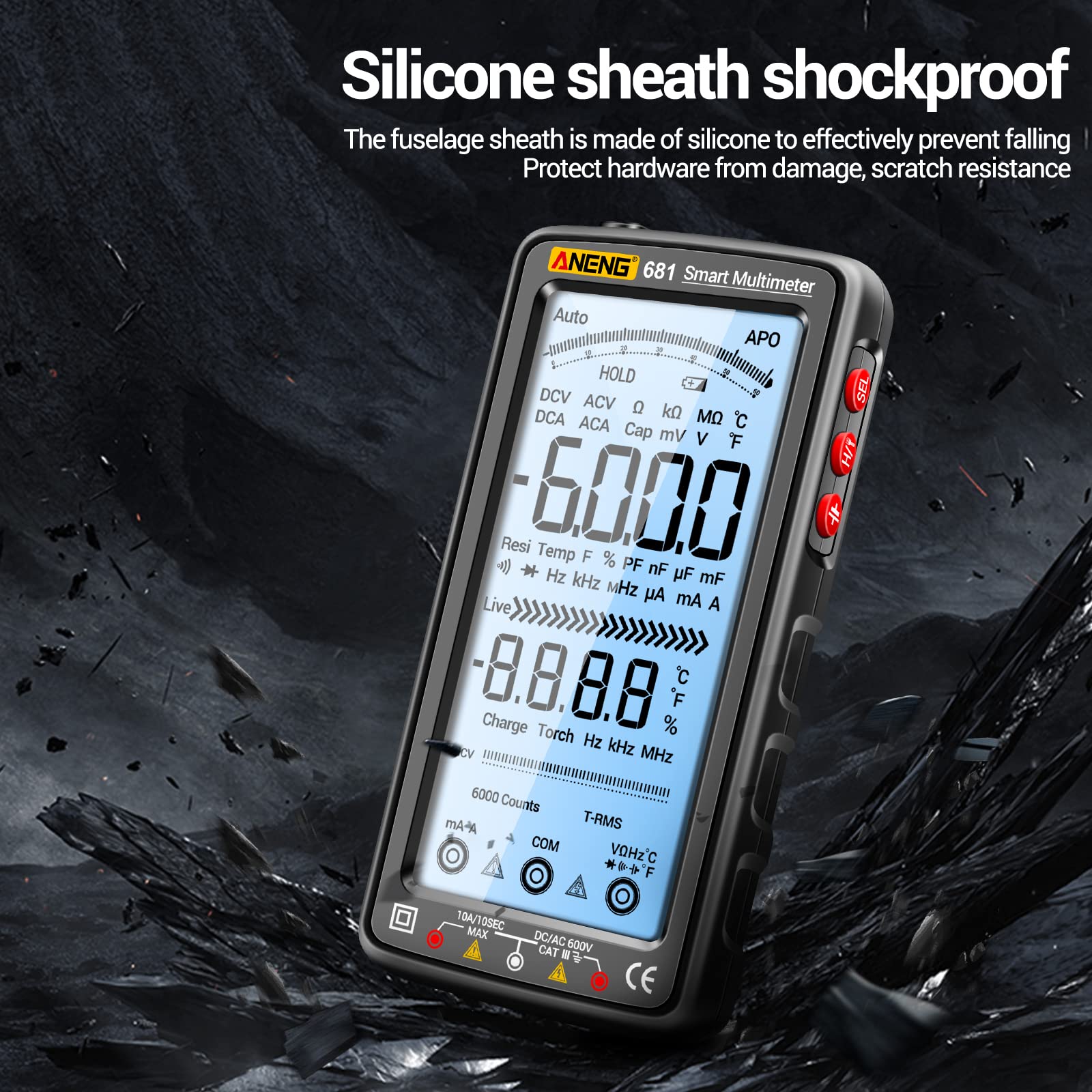 681 6000 Conta Multimetro digitale Smart Anti-burn Ricaricabile Misuratore universale NCV Tester LCD grande da 5 pollici con torcia retroilluminata per tensione Corrente Resistenza acità