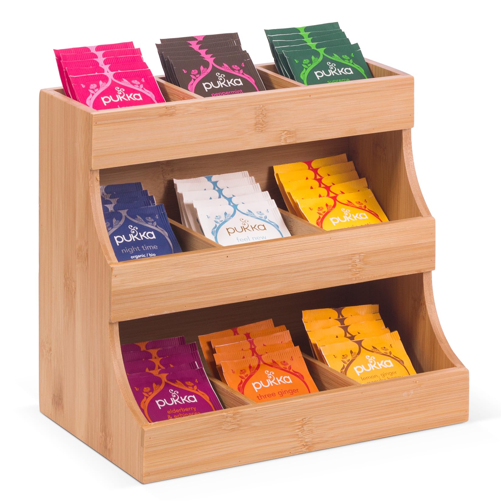 Woodluv Natural 3-Tier Bamboo Tea Bag Organizer, Tier Storage Organizer For Teabags, Tea Bag Storage Caddy 27 X 17.5 X 24 Cm