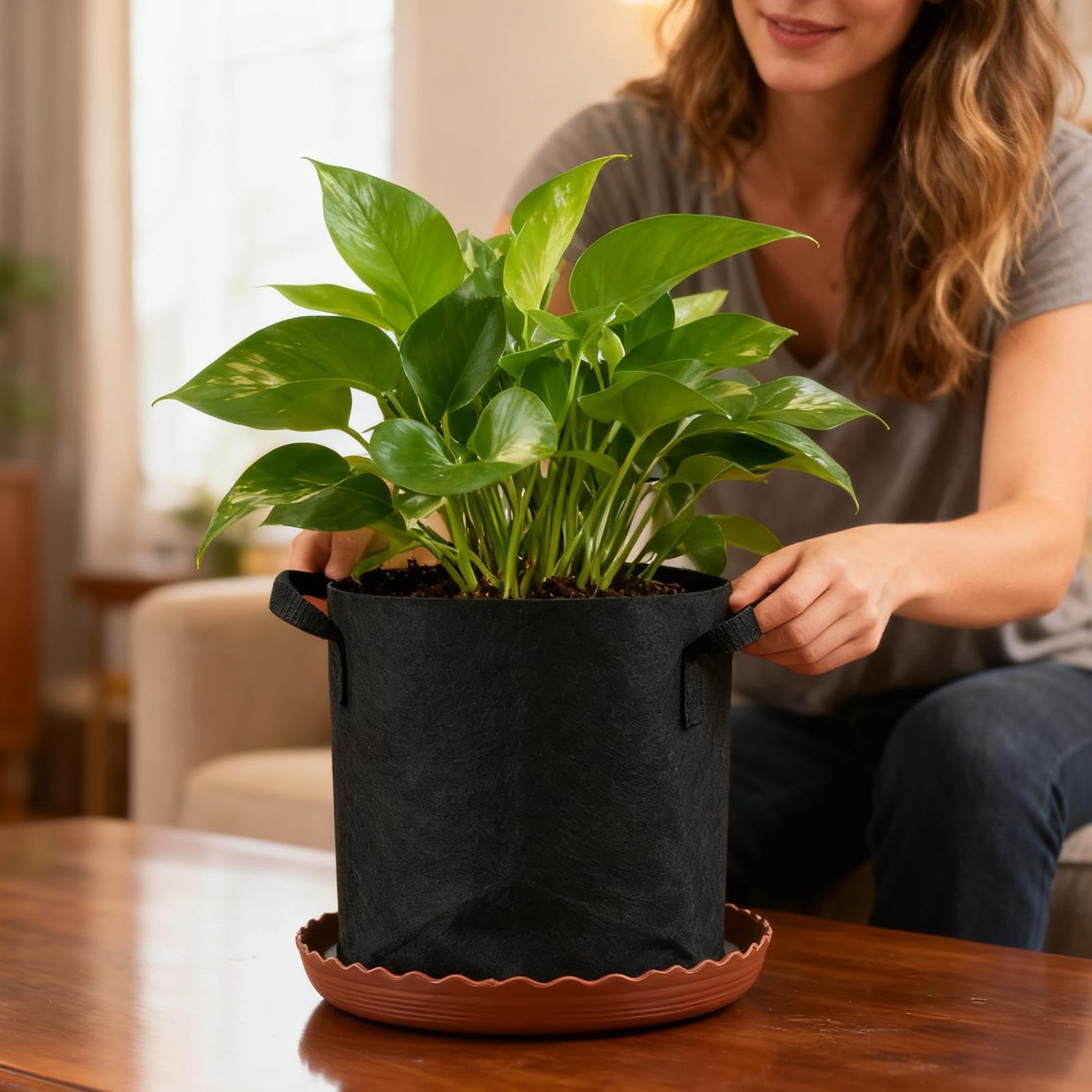 Bolsas De Cultivo Cubo De Plantación De 19 Litros Con Asas | Base Auto-Riego Con Platillo Para Maceta De 32cm Y Cuerda Absorbente Para Jardín, Patío, Champiñones, Flores, Patatas Y