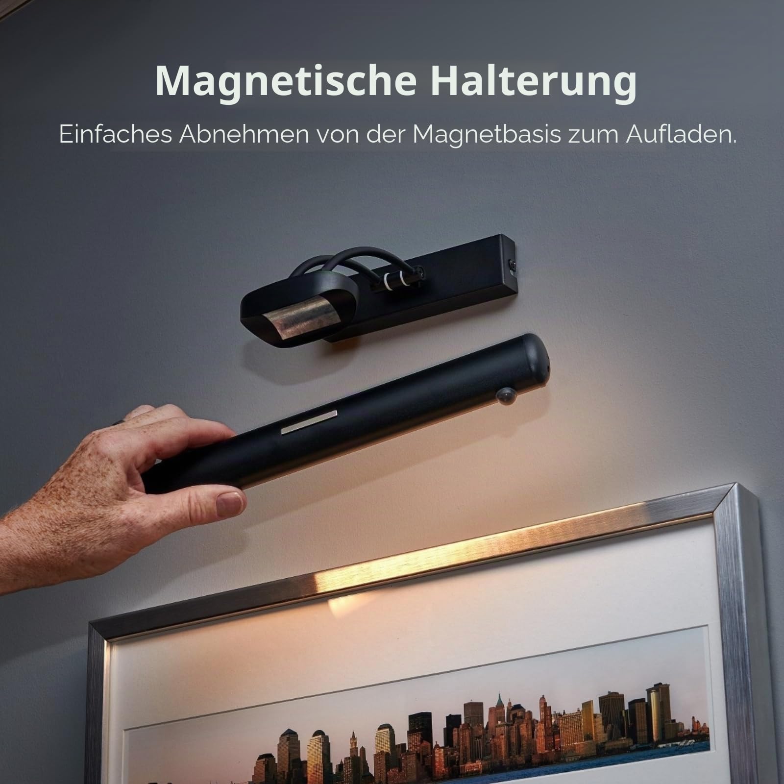 Auraglow Wiederaufladbare Smart Sensor Bilderleuchte - Wandleuchte, PIR-Bewegungssensor, 3000K Warmweiß - Dimmbar - Batteriebetrieben - Magnetisch (Schwarz, 1 Pack)