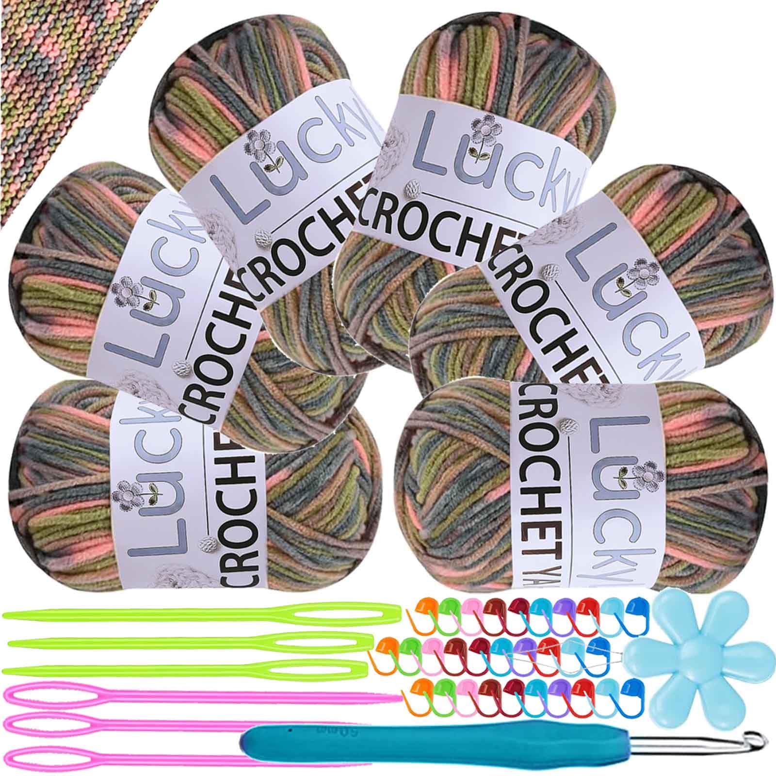 Crochet Yarn Double Knitting Wool (6X50g), Multicoloured Acrylic Yarn Crochet Wool with Aluminum Crochet Hooks Stitch Markers for DIY Craft Blankets Socks Dolls (Pink Grey Green)