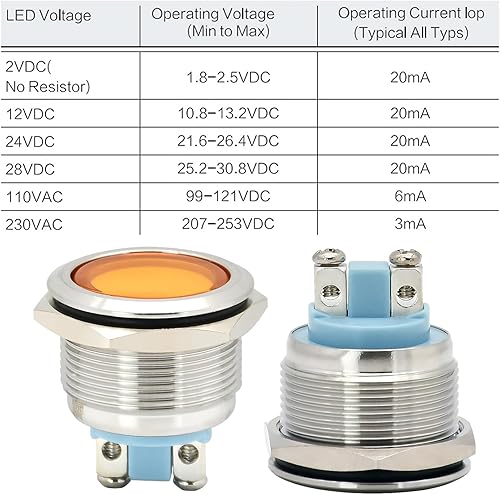 Miniatura 5 de ZGSZJHF Luz indicadora 0.866 in impermeable IP67 0.87 "agujero de montaje de metal amarillo lámpara de señal de acero inoxidable 12V24V DCAC LED