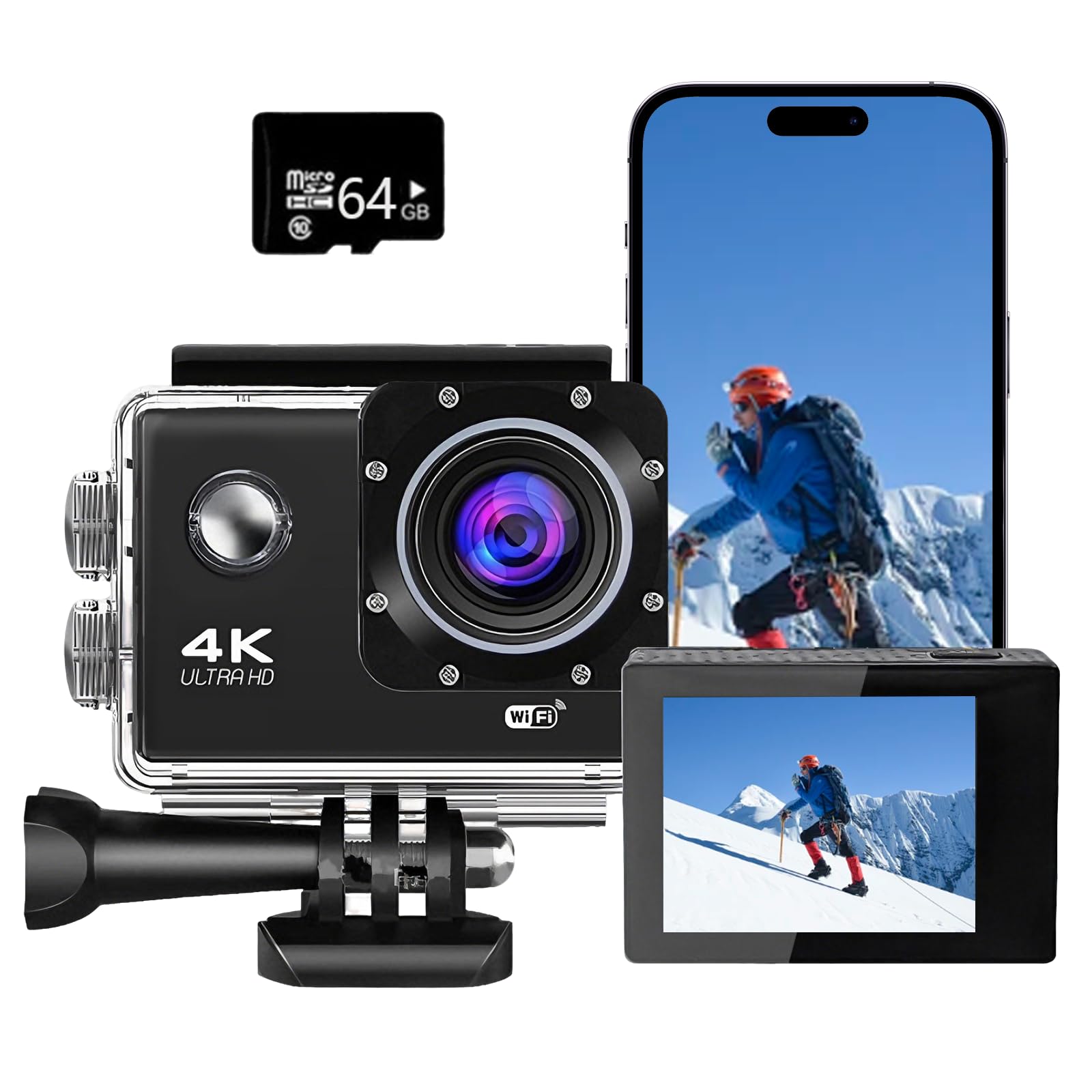 Action Cam 720P 30FPS mit 64GB Karte,20MP Unterwasserkamera bis 40m, Touchscreen,140° Weitwinkel Sportkamera,EIS Stabilisierung & WLAN für Fahrrad, Schnorcheln,Motorrad