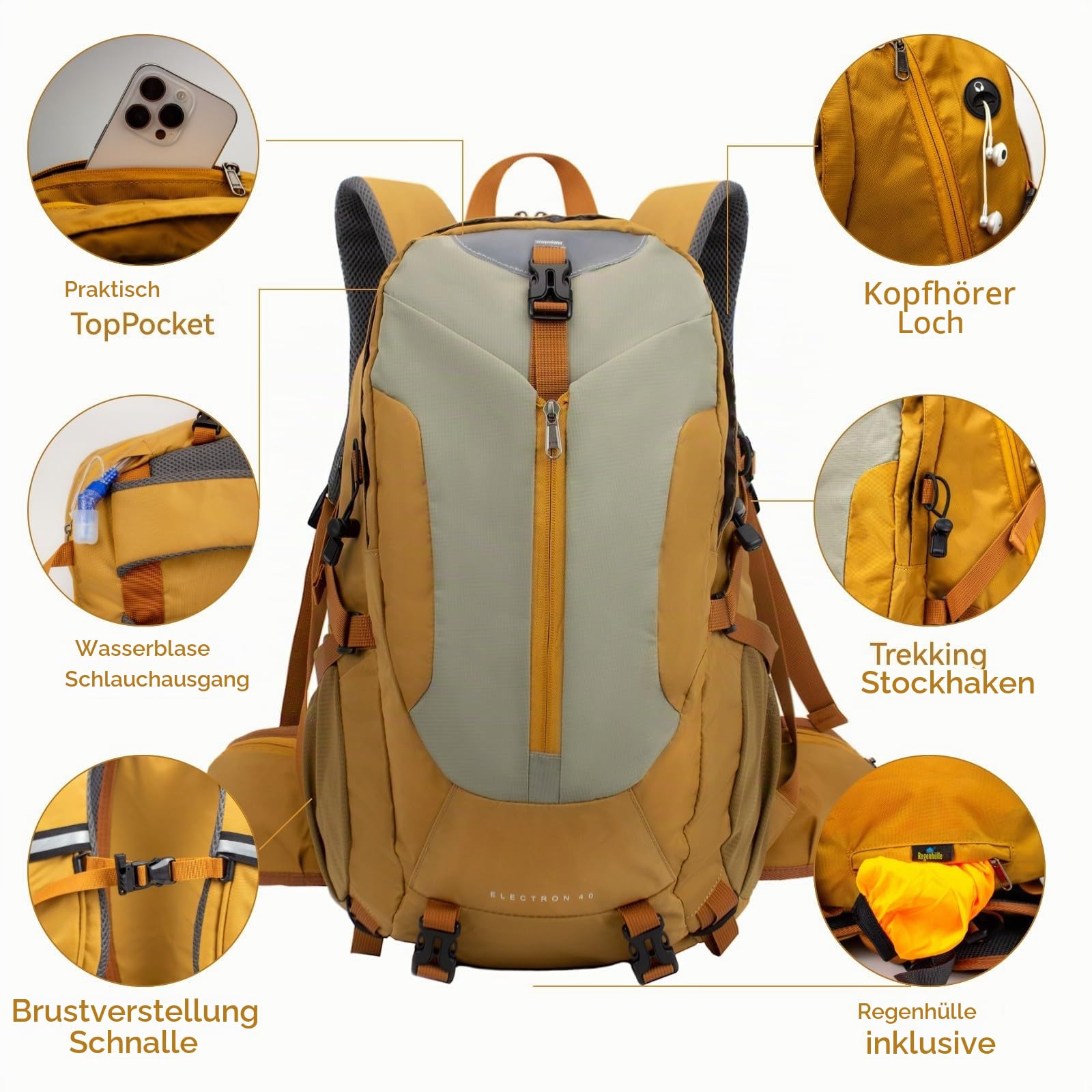 40L Wanderrucksack Herren Damen Groß Backpacker Reiserucksack Outdoor Camping Klettern Rucksäcke mit Regenhülle, Gelb