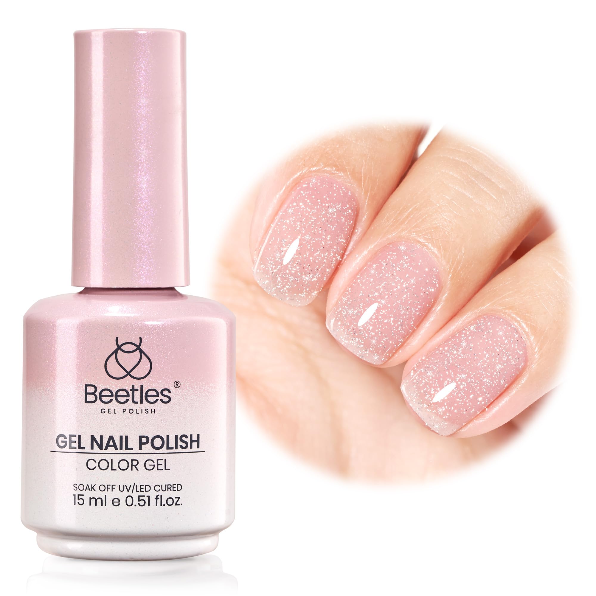 Beetles Glitter Pink Gel Nail Polish 15ML | Soft Glow Fragments Pink Nude Glitter Gel Polish - main product image