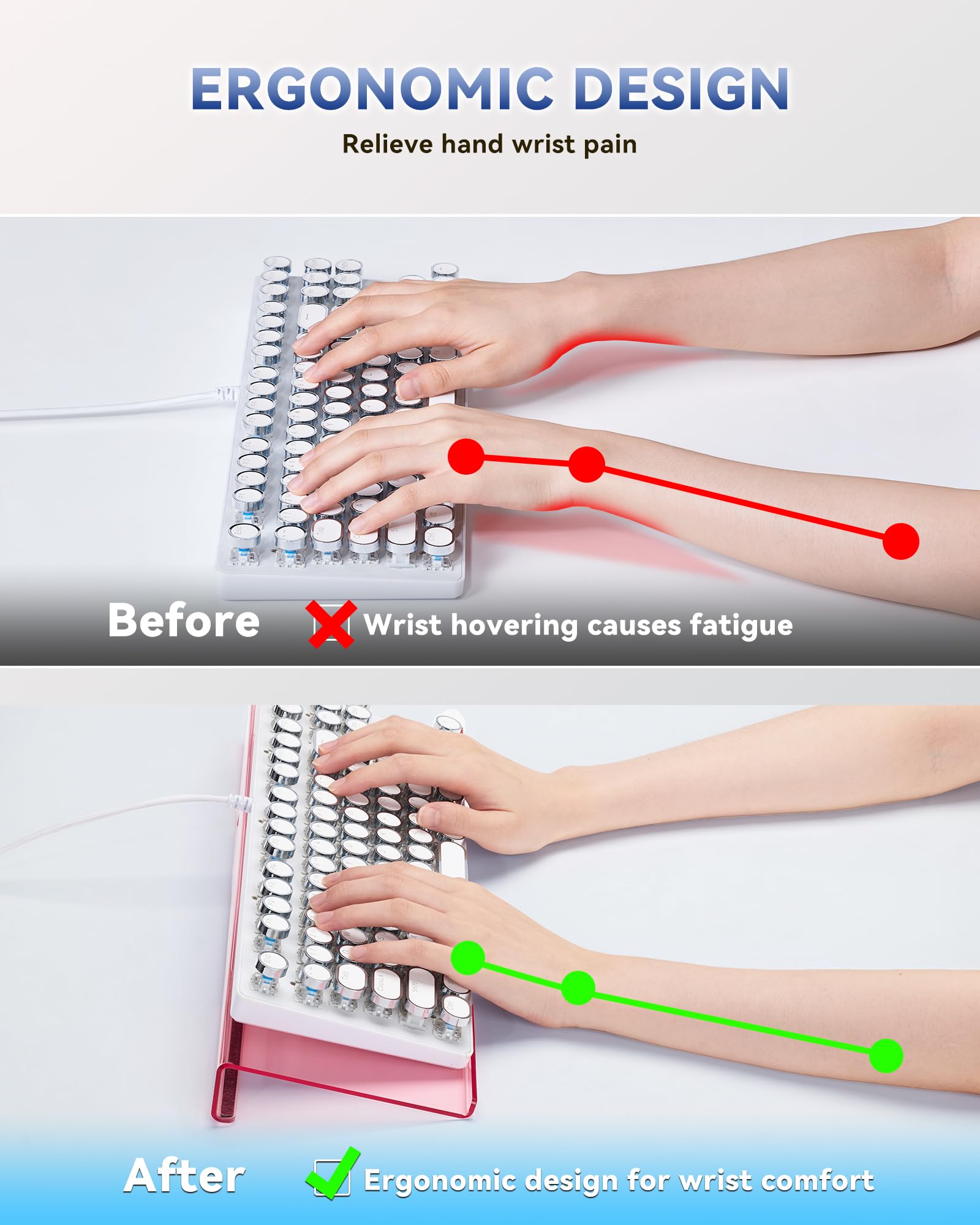 Support ergonomique pour clavier d'ordinateur de bureau (rose transparent), support surélevé incliné pour clavier, support rehausseur pour bureau, maison, travail