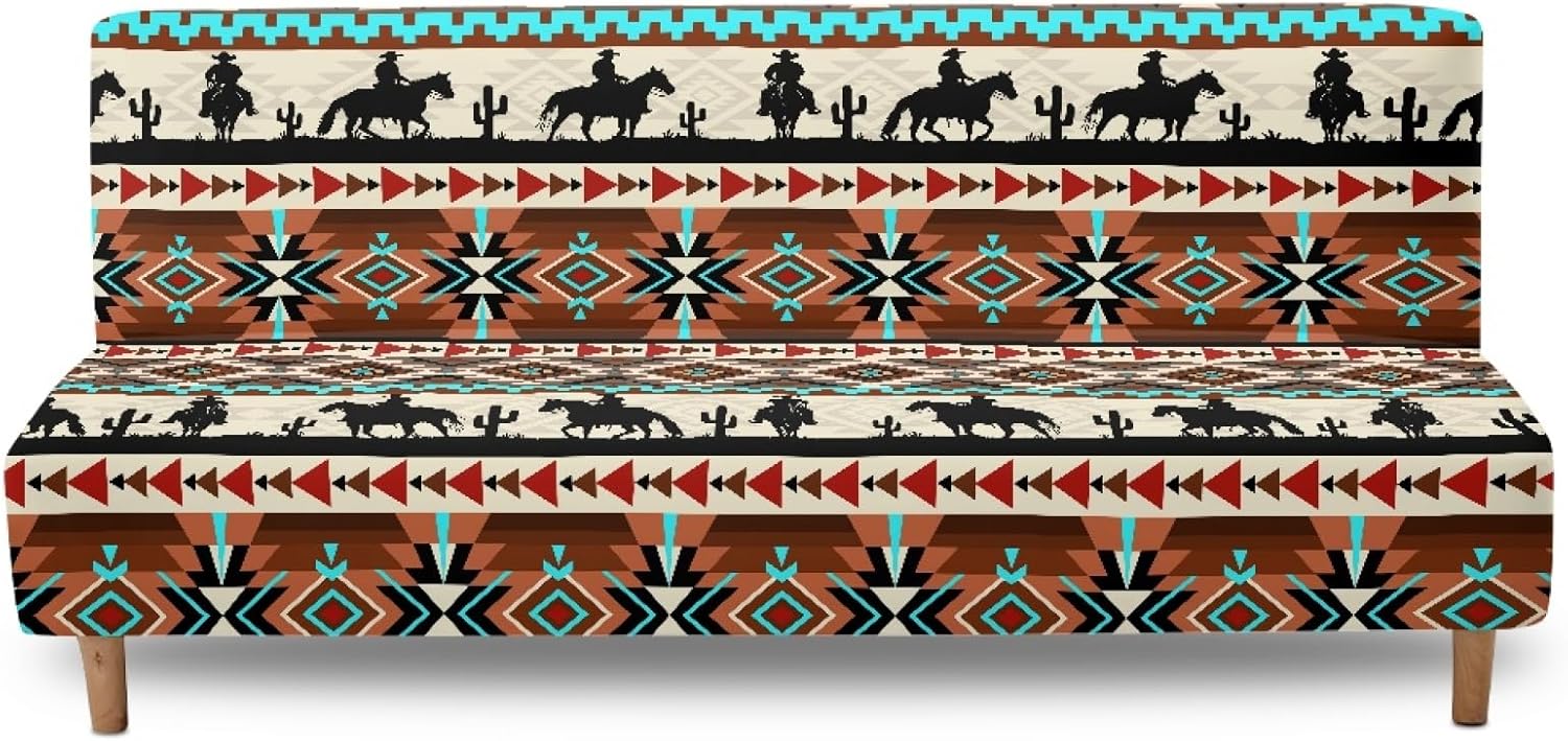 Western Aztec Cowboy Armless Sofa Cover Pet-Friendly Couch Covers Stretch Futon Slipcover with Elastic Bottom Furniture Protector Washable Couch Covers