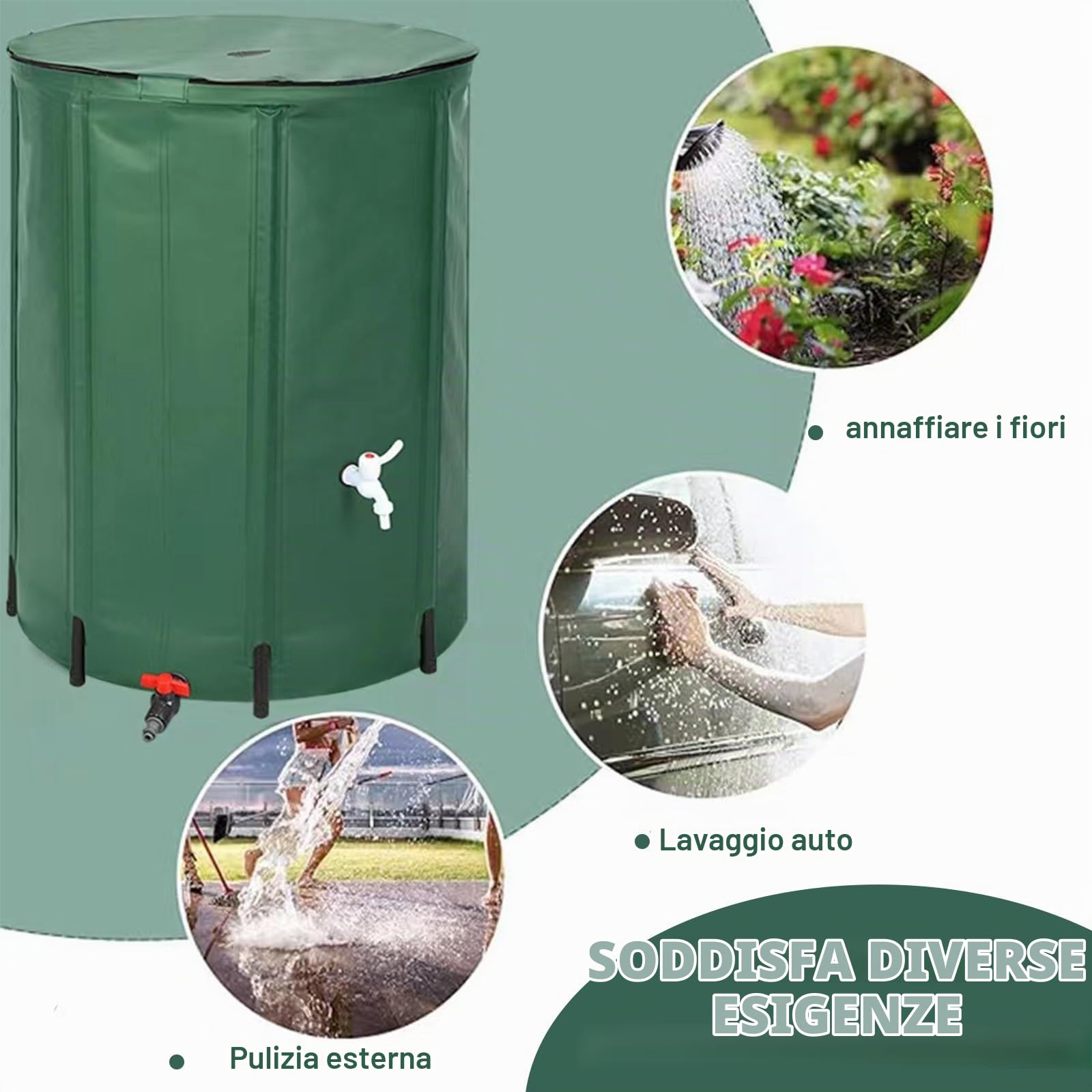 Serbatoio Acqua 1000 Litri per Raccolta Acqua Piovana, Contenitore Cisterna Serbatoio per Acqua Piovana con Rubinetto Plastica, Kit Recupero Acqua Piovana Pieghevole