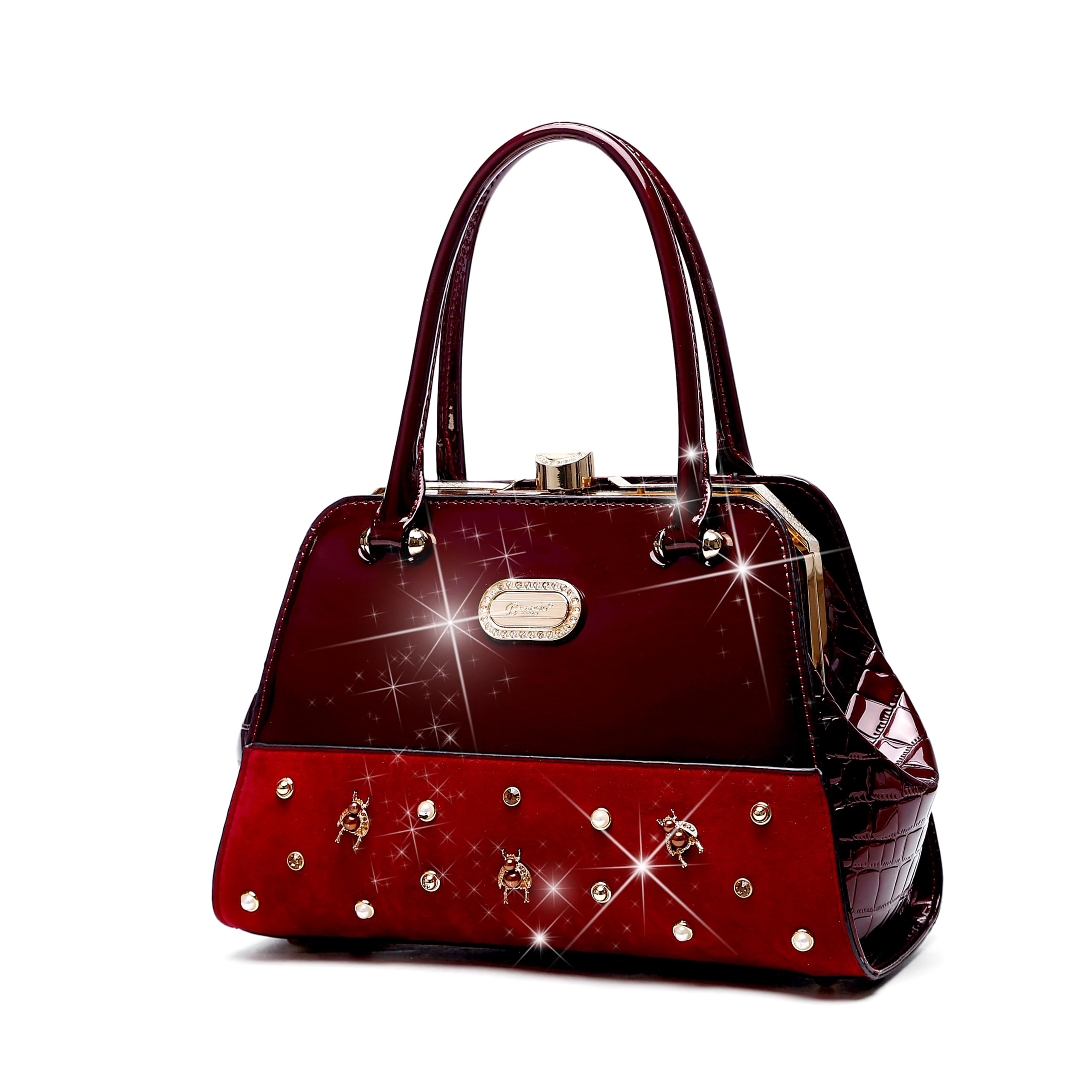 HoneyBee Dream Patent Leather Purse w/Crystal Studs Embellished Charms|Top Handle&Shoulder Strap|USA Corp Ships from LA | HoneyBee Dream Purse
