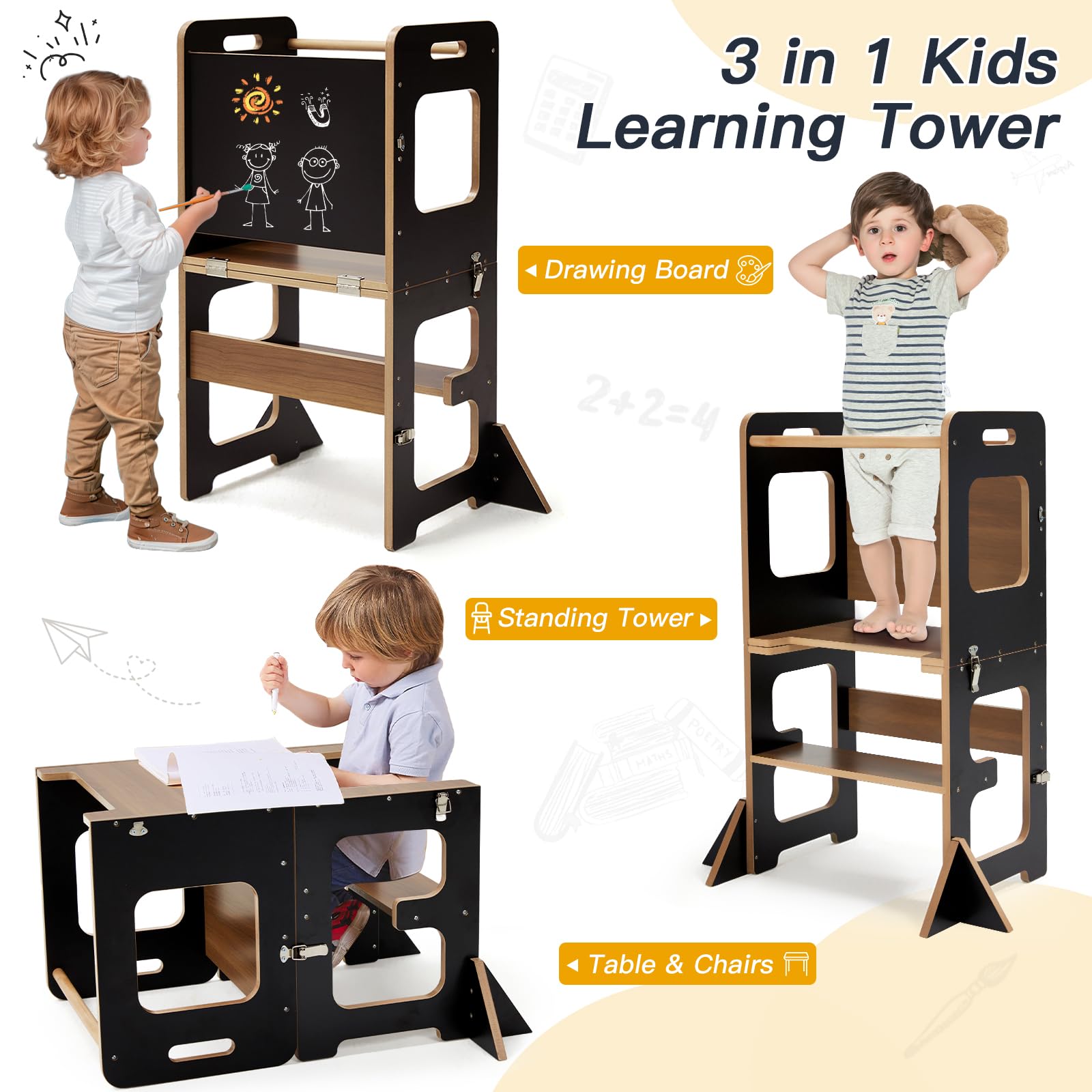 labebe Torre di apprendimento per Bambini, Montessori Learning Tower con Lavagna, 3 in 1 Pieghevole Multifunzionale Torre con Protezione antiribaltamento da 1 Anno-Nero