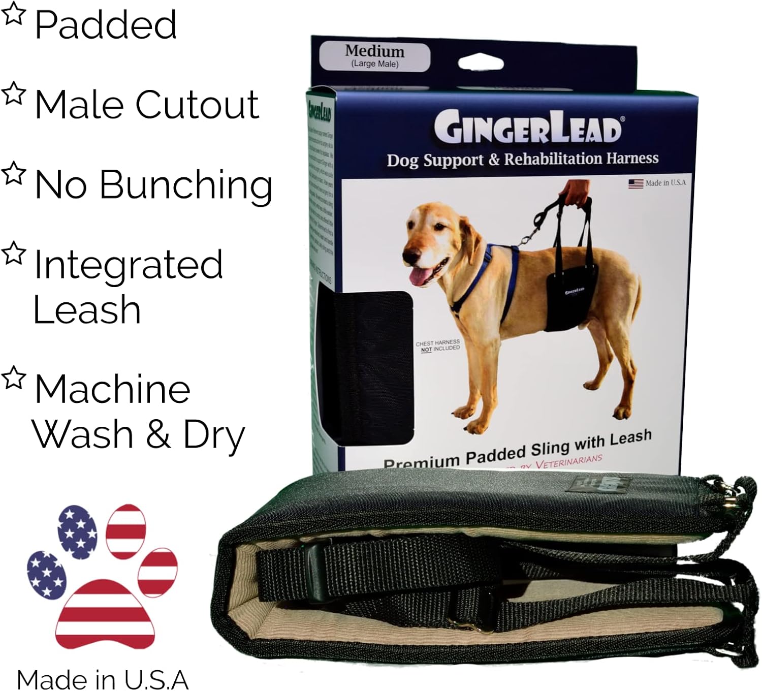 GINGERLEAD Dog Rear Support Sling Harness, M/LG Unisex with Cutout Fits Male & Female Dogs. Padded Hip Lifting Aid Helps Old Pets Walk, K9s Recover from TPLO Surgery. Integrated Leash. Made in U.S.A.