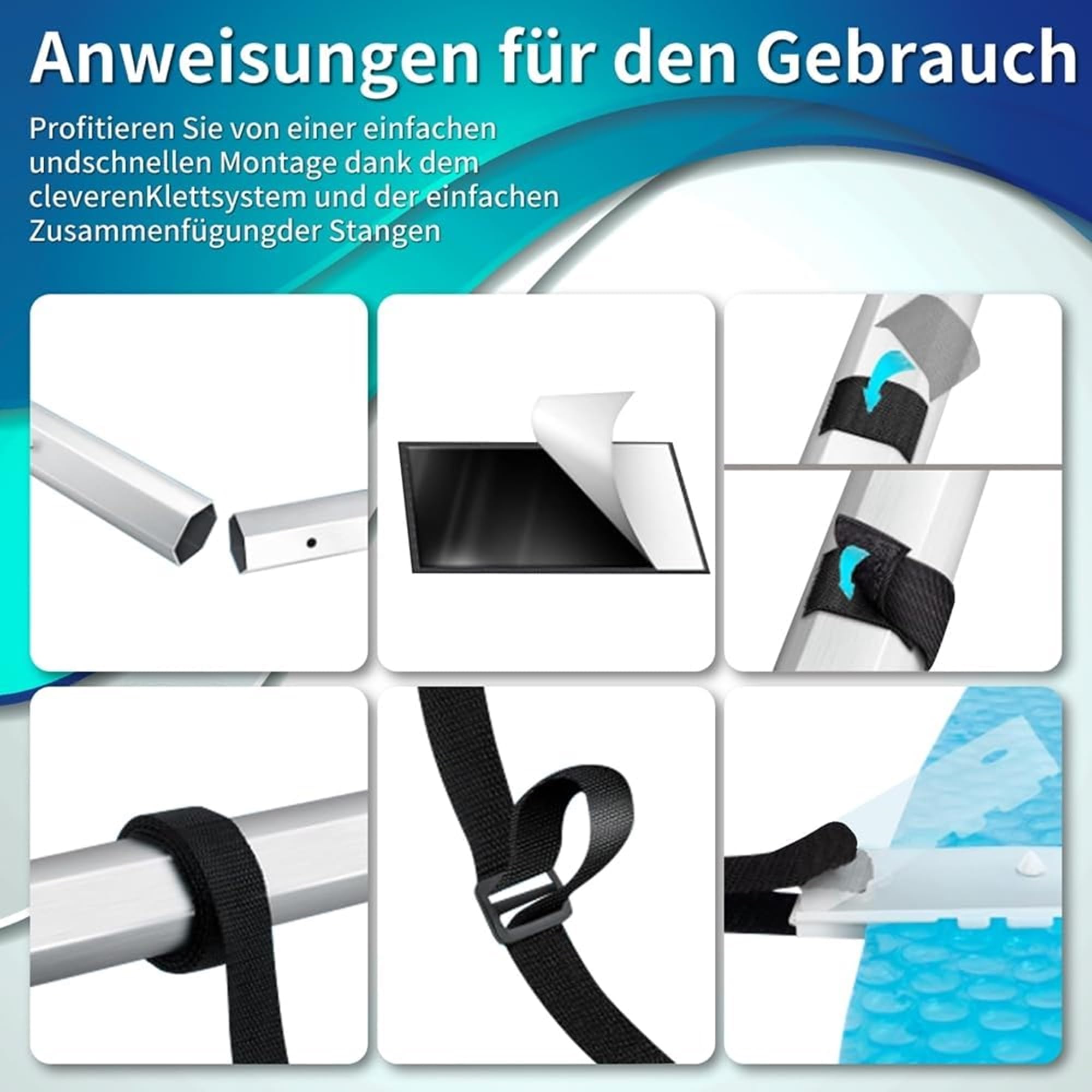 Mucola Aufrollvorrichtung Pool Solarfolie 100-600 cm – Aluminium Teleskopstange stufenlos verstellbar mit Standfüßen und Befestigungsgurten | Poolzubehör für müheloses Aufrollen der Poolabdeckung