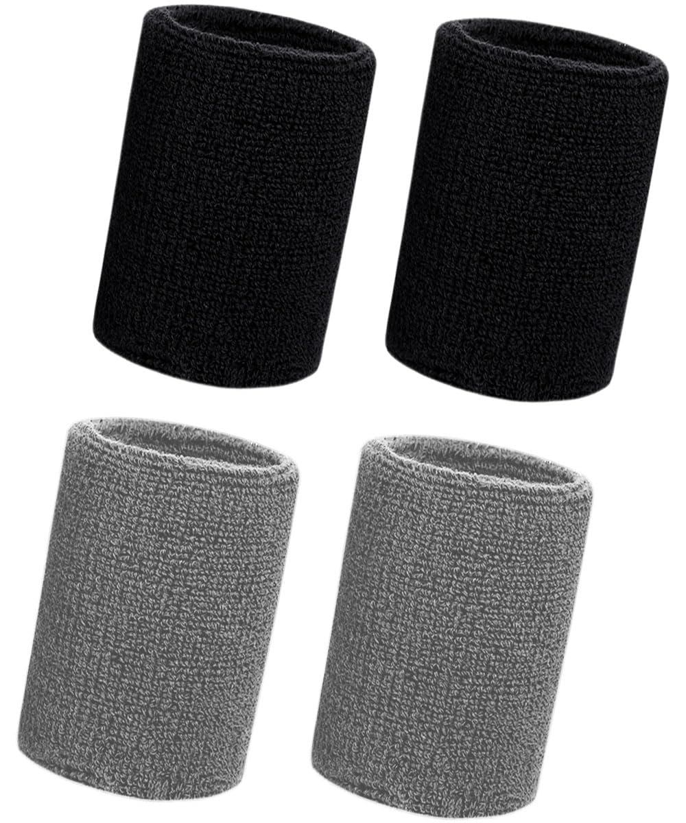 4 Pcs Wristbands Sports Sweatbands For Men Women Thicken Elastic Wrist Sweat Bands Protective for Tennis, Basketball, Running, Gym (Size: 3.15 x 3.94 inches) (2 Black + 2 Dark Gray)
