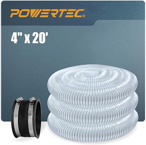 POWERTEC 70388 Manguera de recogida de polvo de PVC de 4 pulgadas x 20 pies con puño flexible de control de polvo de 4 pulgadas con abrazaderas de