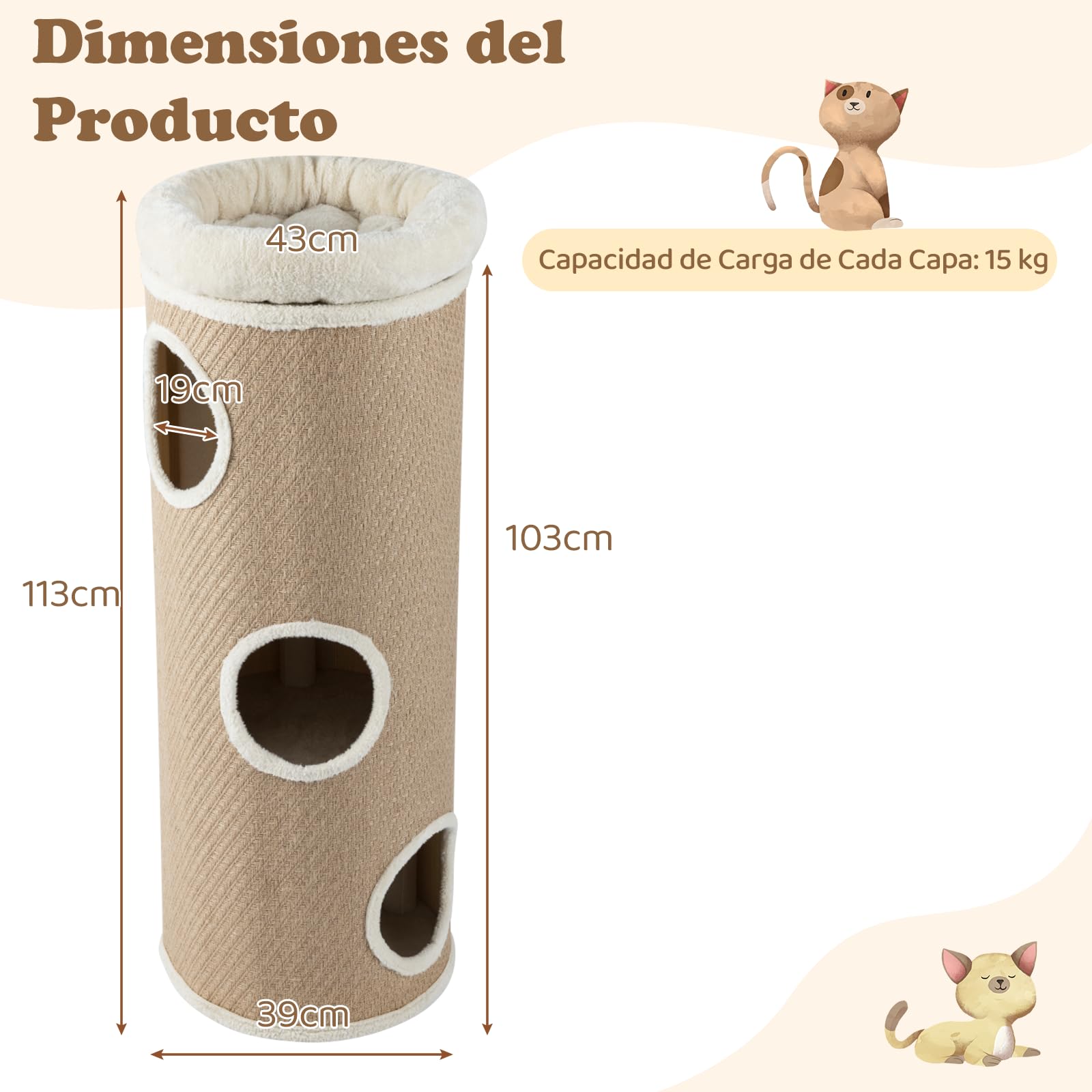 COSTWAY Barril Rascador de 4 Niveles, Poste rascador para Gatos para Múltiples Gatos con Cama de Percha Removible, Tablero Rascador de Sisal, Estera de Bambú para Gato de Interior (De Yute)