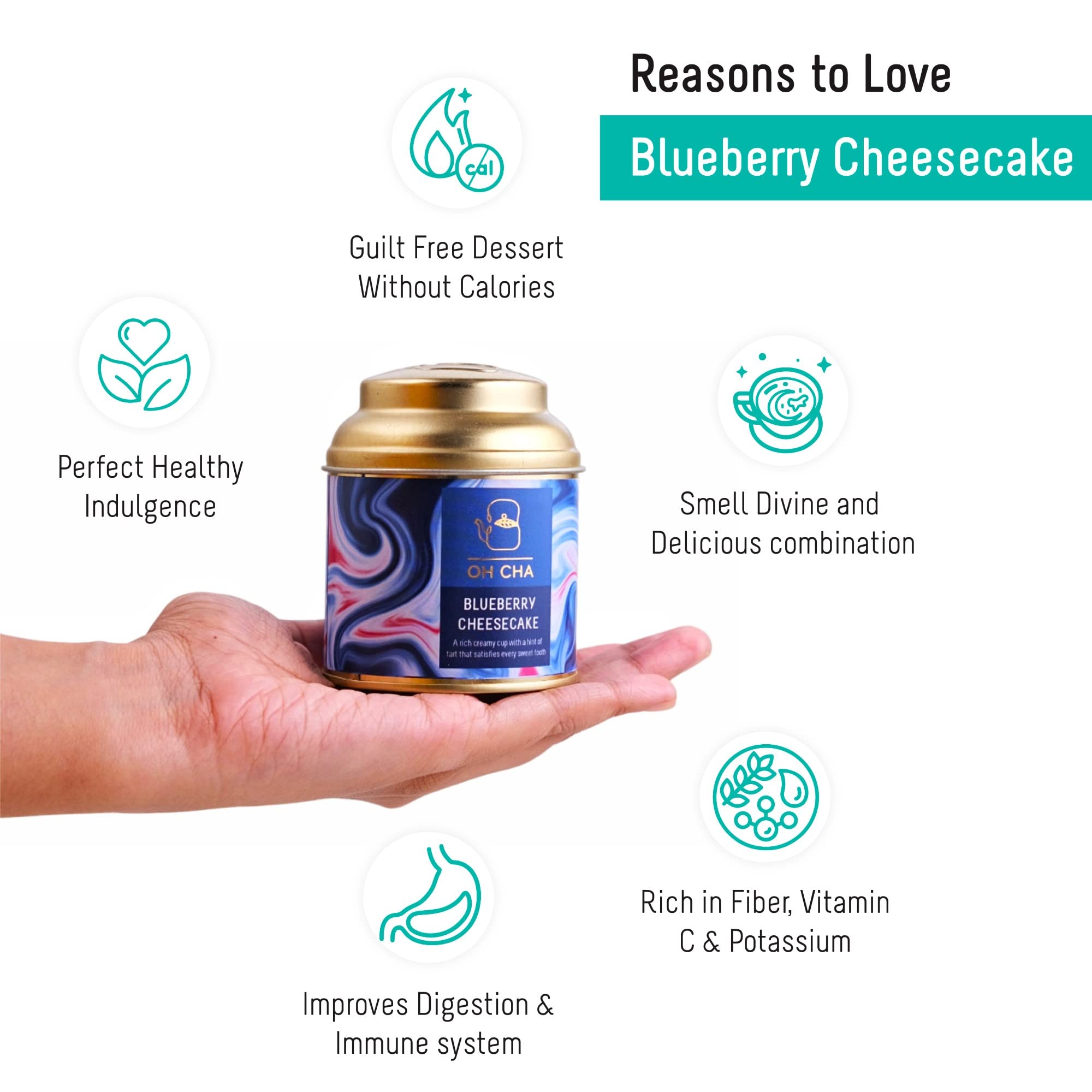 OH CHA - Blueberry Cheesecake Flavoured Tea, 35gms | Darjeeling Black Tea Leaves blended with Strawberry & Blueberry pieces, Cocoa nibs & Rose petals | Blended Darjeeling Whole Leaf | Zero Calories, No Added Sugar | Brew Hot or Iced 2