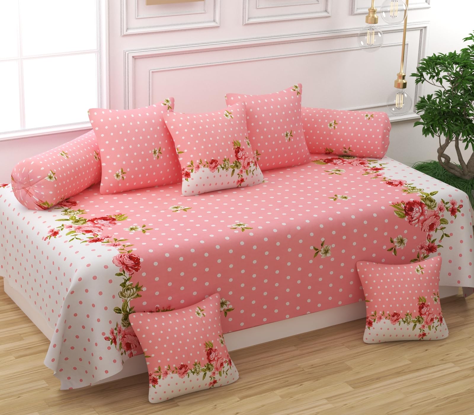 Diwan Set of 8pcs (1 Bedsheet with 2 Boulster Cover and 5 Cushion Covers)-image-25