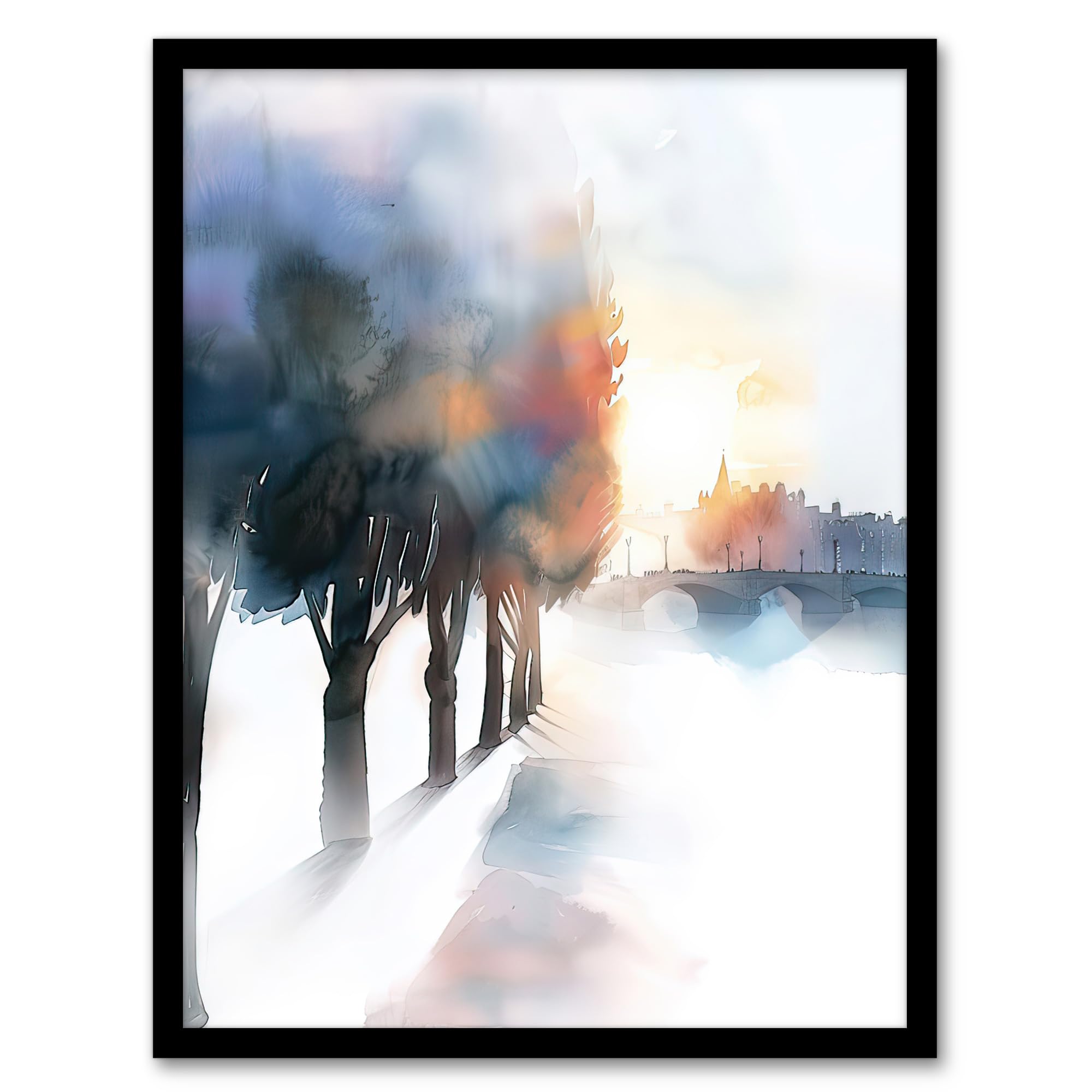 Artery8 Framed Art Print - Misty Morning Sunrise Edinburgh North Bridge - A4 Size - White