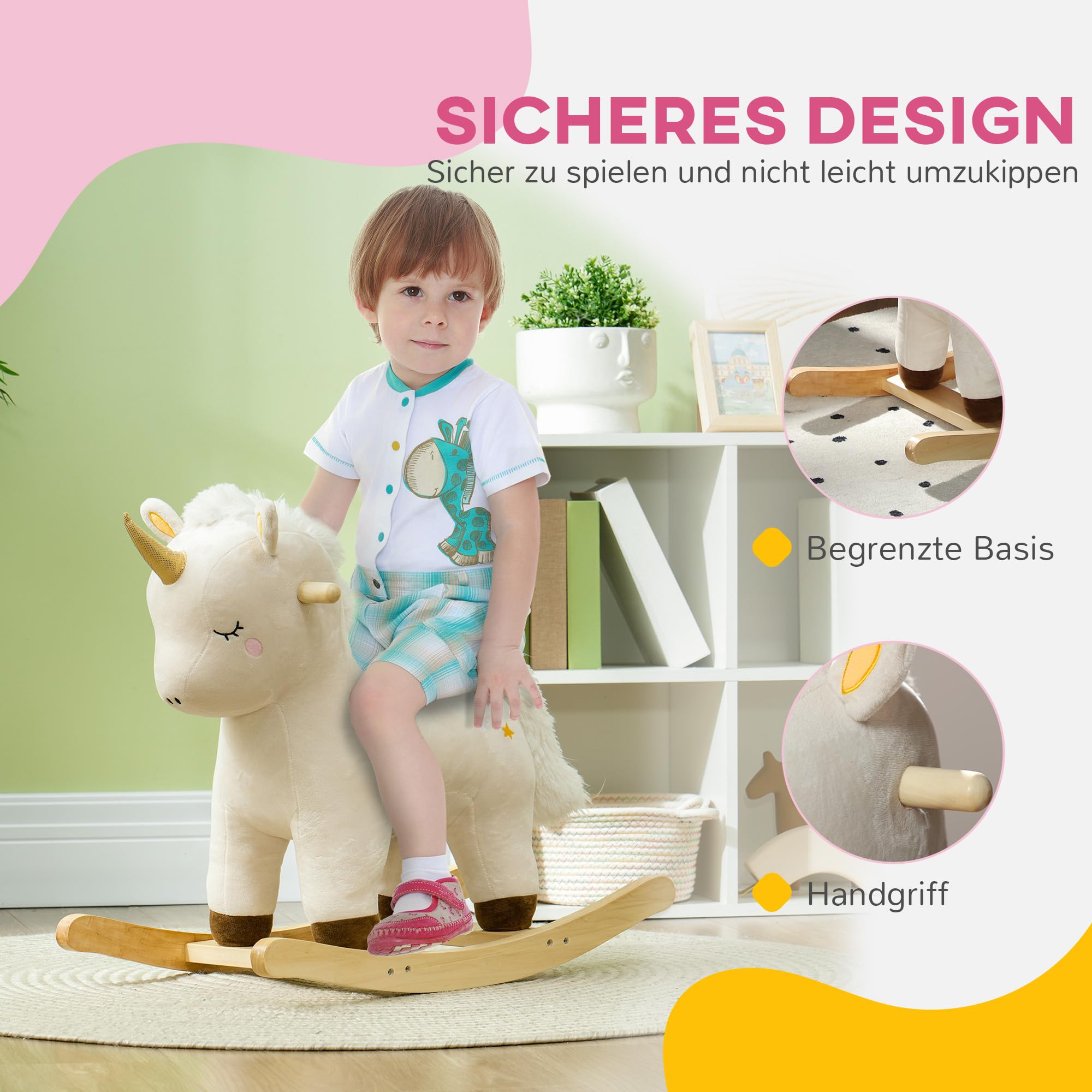 AIYAPLAY Schaukeltier Baby Schaukelstuhl Sound Schaukelpferd Einhorn Weiß | Schuakelsitz, Unicorn Design, Schaukelspielzeug für Kleinkinder ab 2 Jahre, Plüsch
