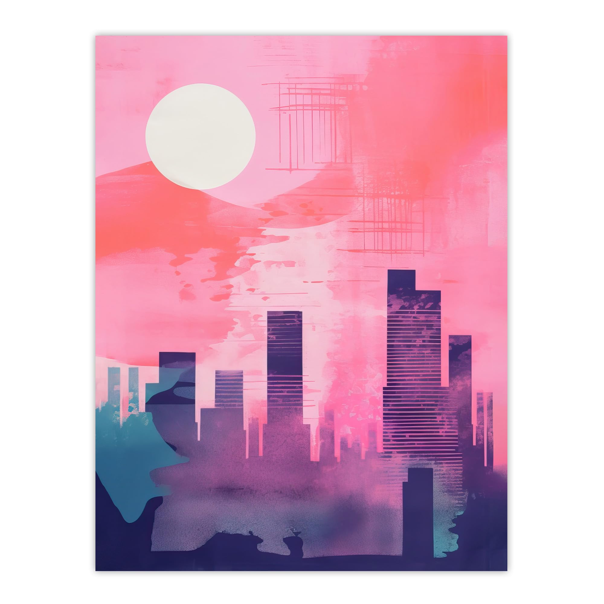 Wee Blue Coo Sunrise City Silhouette Pink Purple Blue Watercolour Painting Extra Large XL Wall Art Poster Print