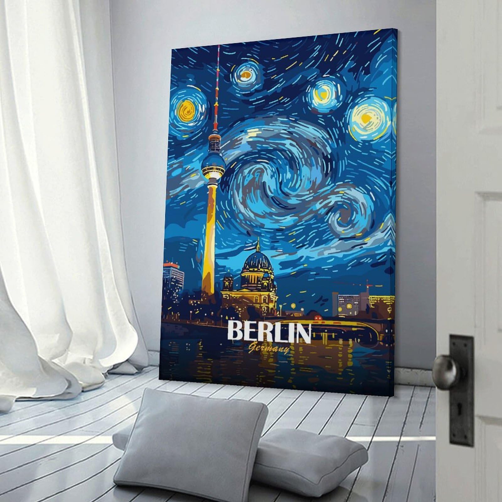 Junmoney Wall Art Print Berlin Starry Night Cityscape, 24x36inch(60x90cm), for Bedroom Decor, Cosy Corners Or Studios, Decorative Wall Art for Cosy Rooms