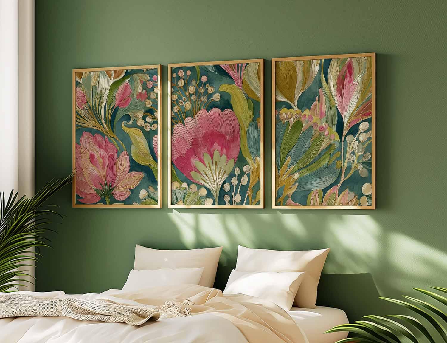 AMOSIJOY Botanical Wall Art Set of 3, Vintage Protea Flower Prints, Green Pink Floral Artwork Posters for Living Room Bedroom Office Decor, Unframed (40×50cm)