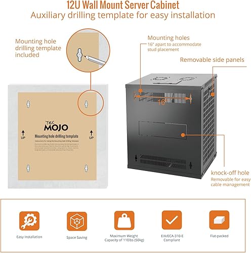 Miniatura 5 de Gabinete de red para montaje en pared de 12U para equipos de TI de 19 pulgadas, con puerta de malla con cerradura y paneles laterales extraíbles,