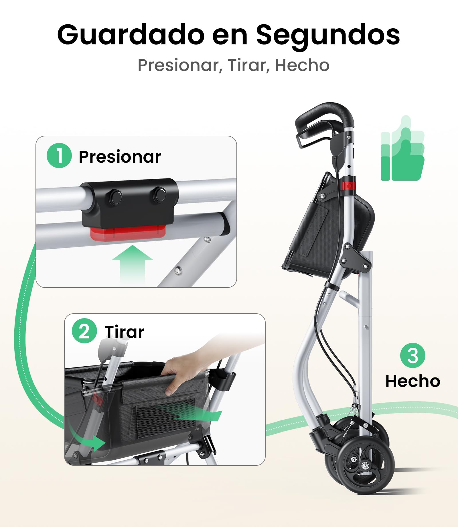 Andador para Ancianos, Andador Plegable con Asiento para Personas Mayores, Estrecho para Apartamento, Modelo de Interior Plegable y Ligero con Bandeja y Bolsa de Tela, 4 ruedas, Aluminio, Blanco