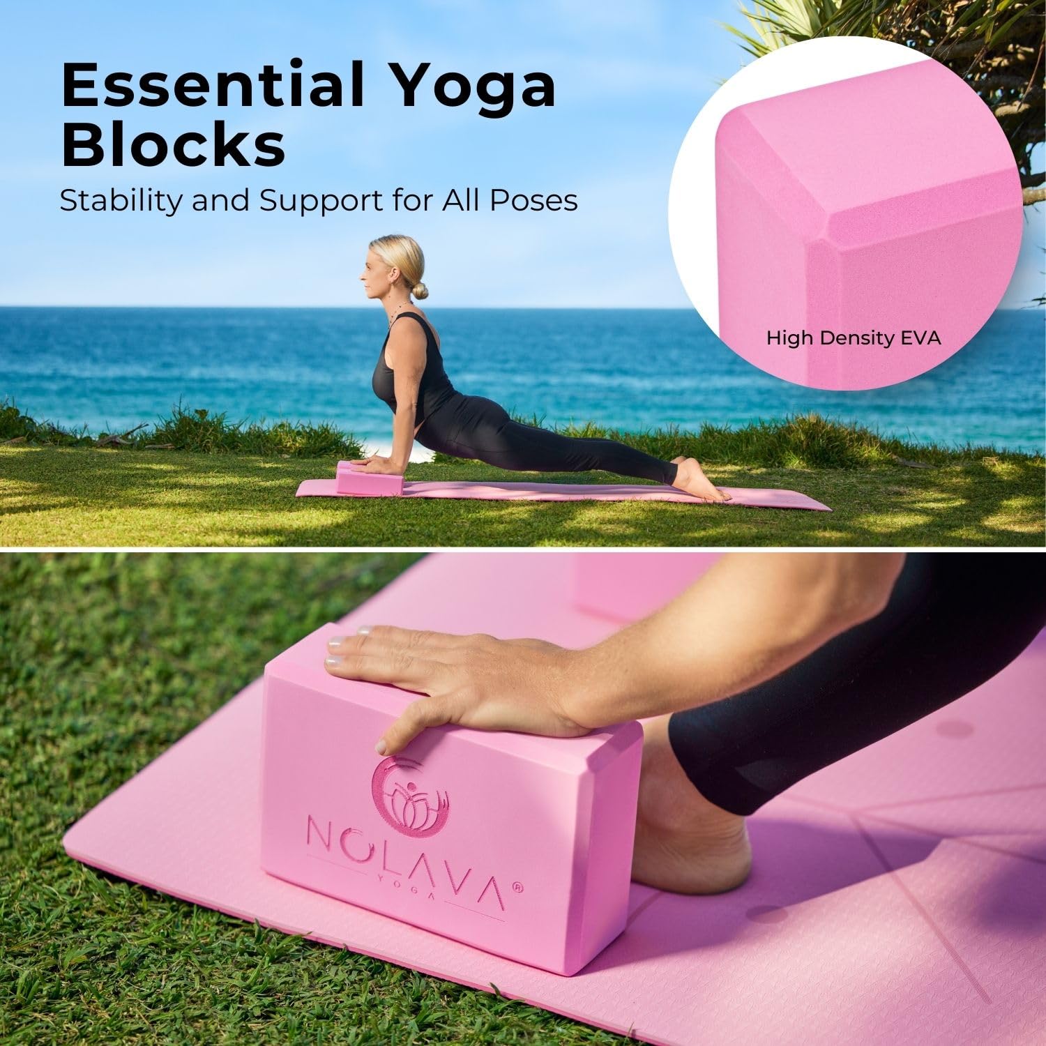 Nolava - Juego de 6 alfombrillas de yoga TPE color rosa | Rodilleras de TPE | 2 bloques de yoga | Correa elástica para yoga | Banda para esterilla de yoga
