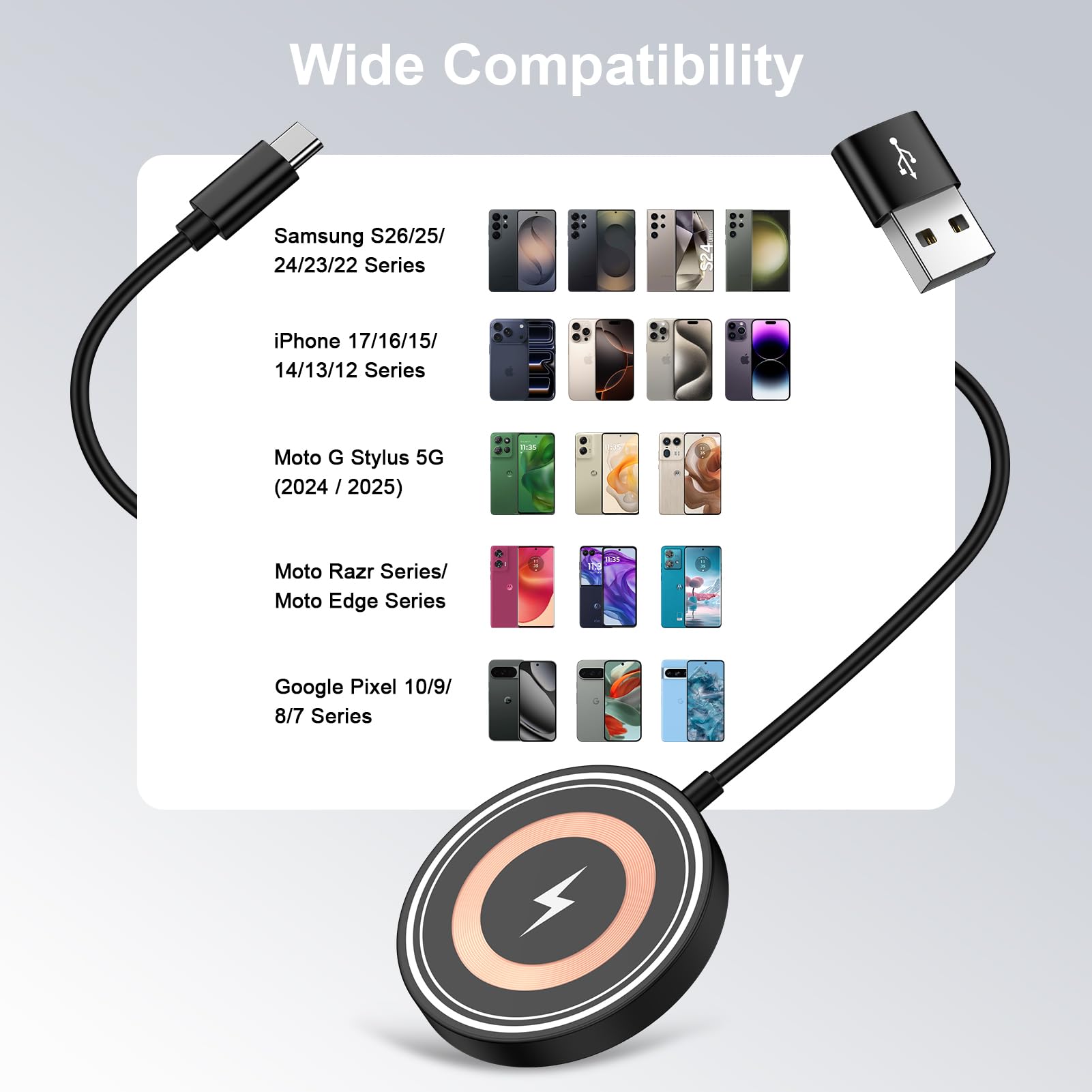 Confezione da 2 caricabatterie wireless magnetici, pad di ricarica rapida da 15 W per Samsung Galaxy S26 Ultra/S26+/S26, S25/S24, Pixel 10/9/8/7, iPhone 17/16/15/14/13/12, cavo USB-C da 1,2 m con