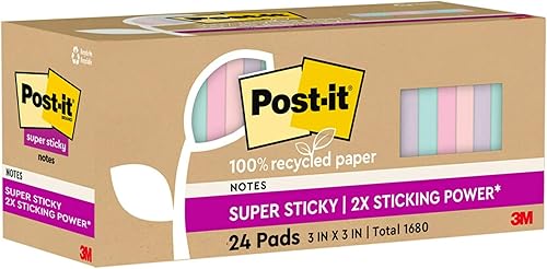 Miniatura 10 de Post-it Super Sticky Notes - Pasteles Wanderlust de 3 x 3 pulgadas, papel 100% reciclado, 2 veces potencia de adhesión, para oficina y escuela, 24