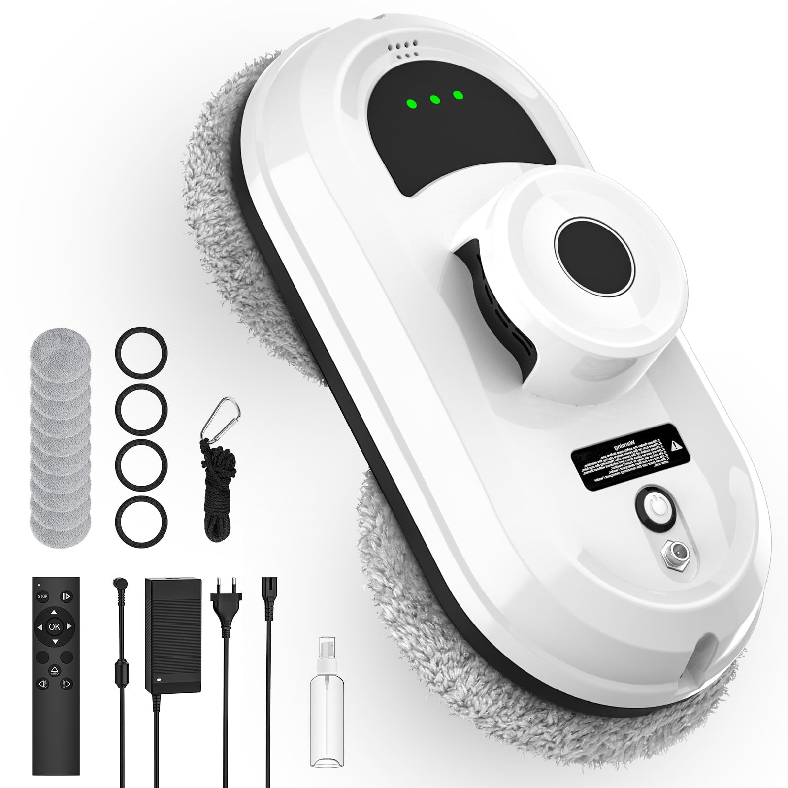 Robot Limpiacristales, 5600Pa Robot Limpieza de Ventanas Electrico con Agua Pulverizada, 3 Modos Limpieza, Detección de Bordes, Navegación Inteligente, Modo seguro, Mando a Distancia&10 Paño