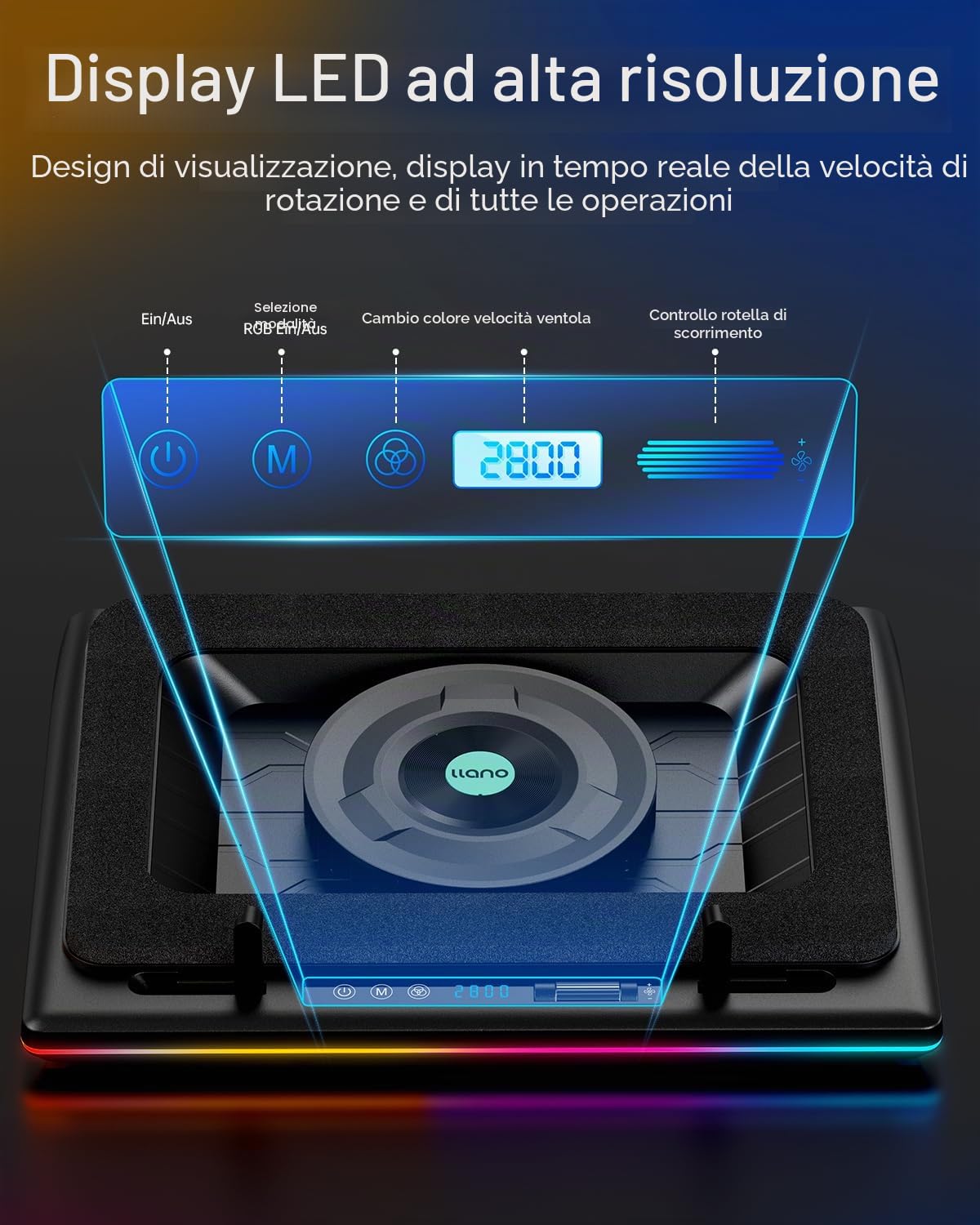 Base raffreddamento PC portatile ventole turbo RGB velocità regolabile touch screen LCD 3 porte USB antipolvere 38-48 cm