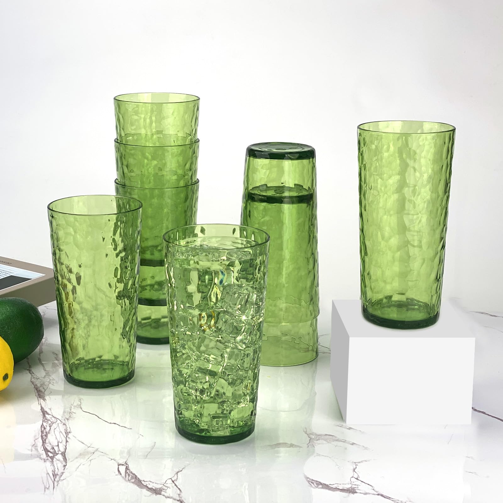 Yalin Vasos de plástico acrílicos de 24 onzas, vasos de plástico reutilizables, apilables, sin BPA, a prueba de roturas, aptos para lavavajillas, juego de 8 (verde)