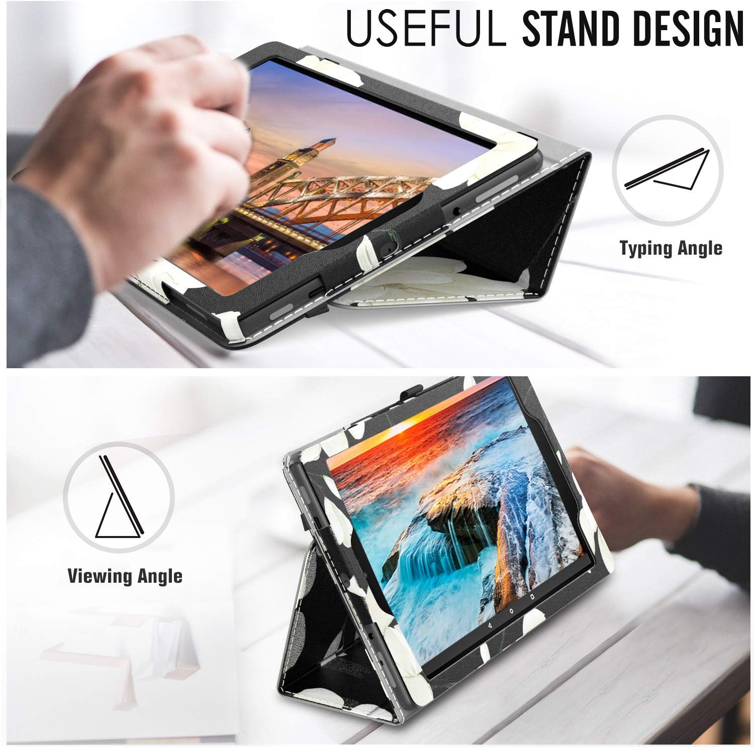 MoKo Case Fits All-New Amazon Fire HD 10 Tablet (7th Generation and 9th Generation, 2017 and 2019 Release), Slim Folding Stand Cover with Auto Wake/Sleep for Fire HD 10.1 - Black & White Magnolia