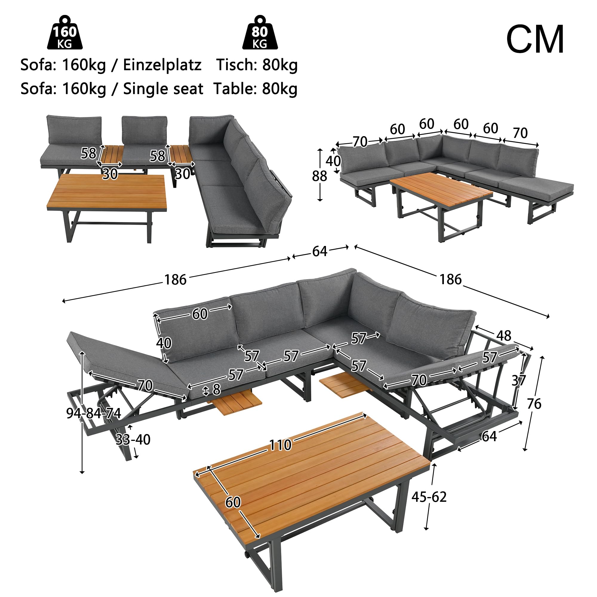Sapgaks Ensemble de Salon de Jardin extérieur pour 6 Personnes,Structure en Fer thermolaqué, Dossier réglable, Bois d'acacia, Table réglable,Gris