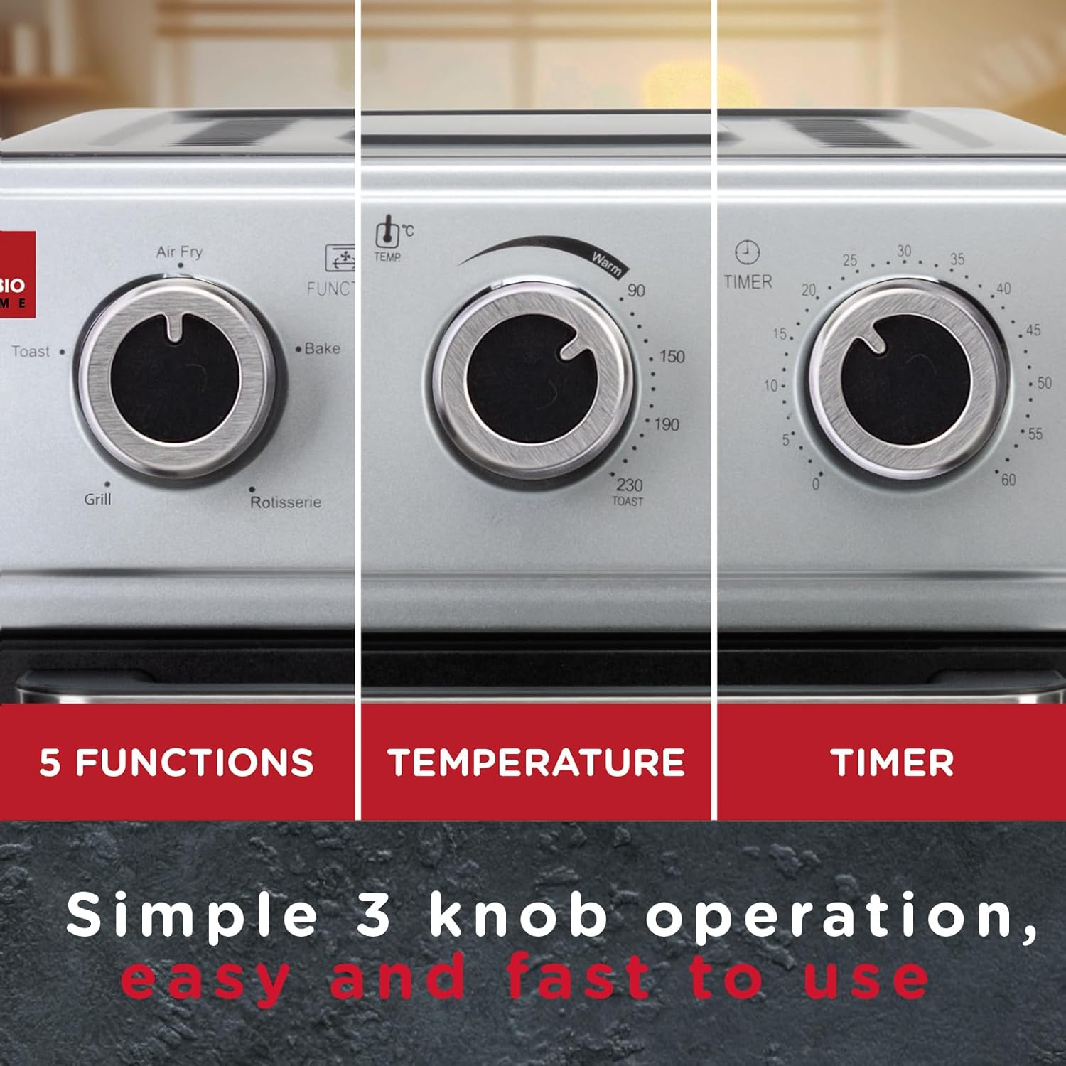 Close-up of the Sensio Home Air Fryer Oven's three control knobs for function, temperature, and timer