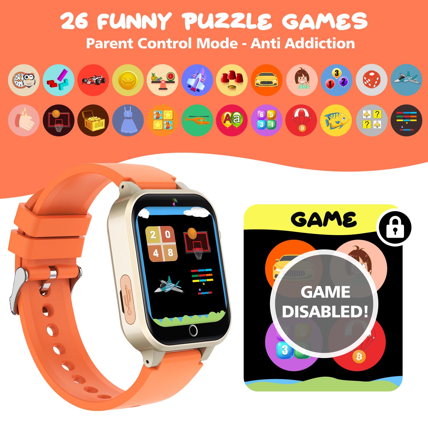 aswan watch Montre Enfant, Jouet Enfant, Montre Connectée Enfant - 26 Jeux, Caméra, Vidéo, Apprendre l'heure, Cadeau pour Fille Garçon, 04 Orange