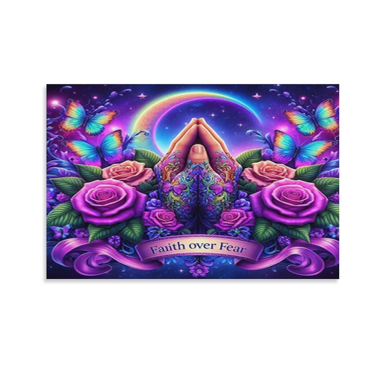 CPLVKWRQJ Spiritual Prayer Art 1 Piece Prayer Hands Roses Rainbow Butterfly Artwork Canvas Wall Hanging - Nursery Space Saving Removable Ready to Hang Wall Decor 24x36inch(60x90cm)