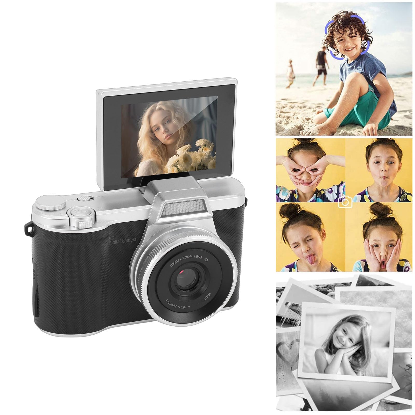 Sxhlseller Cámara Digital de 48MP 1080P, Cámara de Vlogging Compacta con Zoom Digital de 8X y Enfoque Automático, Pantalla Abatible de 2,4 Pulgadas, de Youtube para Principiantes en (Black)