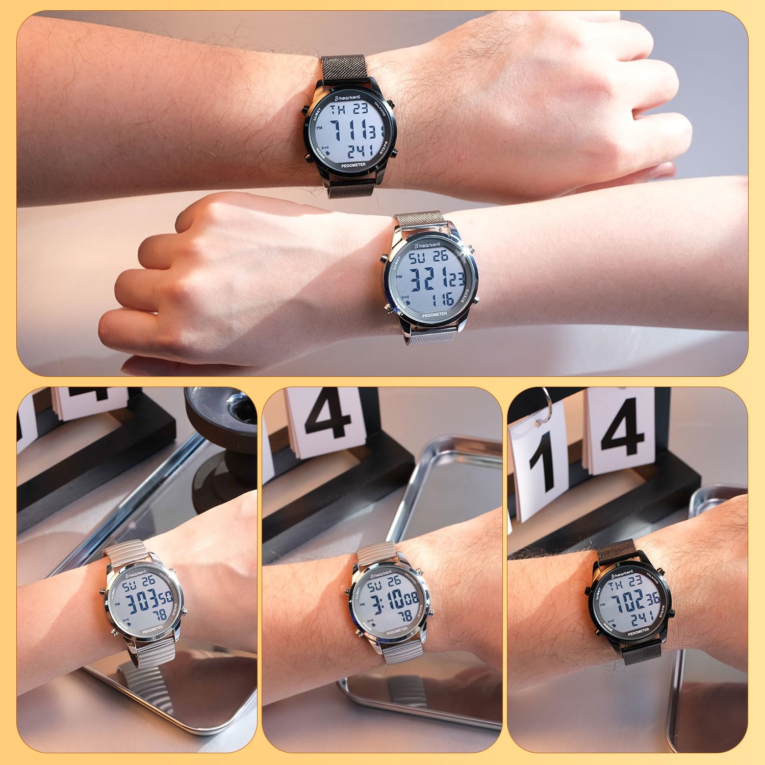 Hearkent Orologio digitale parlante con contapassi, tempo di conversazione, data, passi, calorie in inglese, 5 sveglie, retroilluminazione EL, numeri grandi LCD, senza Bluetooth, per anziani/ciechi