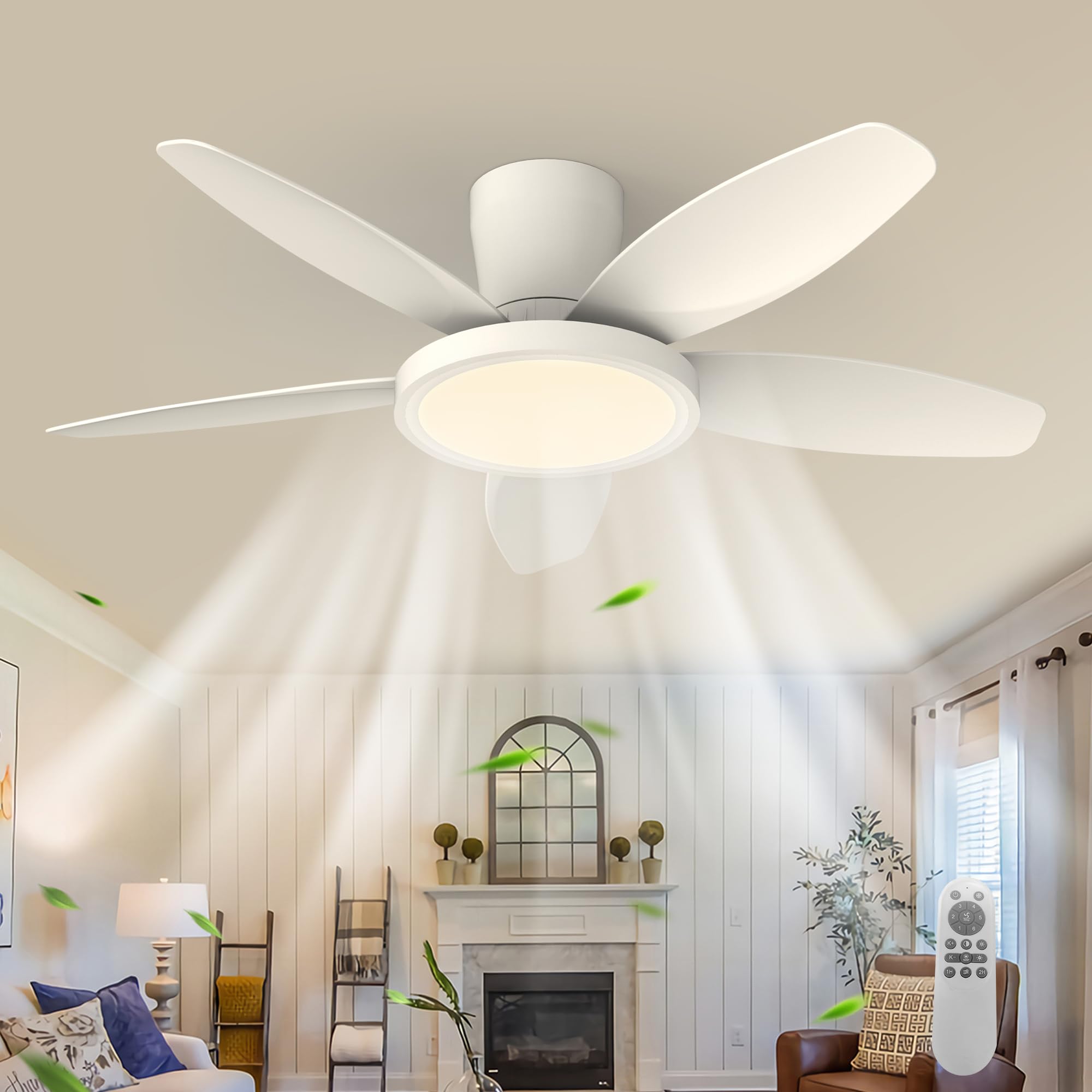 Qcyuui 106 cm Ventilatore da Soffitto con Luce LED Silenzioso, Motore DC Reversibile, Telecomando, 6 Velocità, Temporizzatore, Controllo Separato per Camera da Letto, Salotto e Cucina