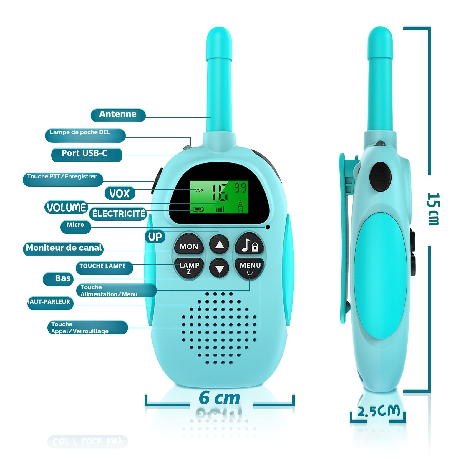 Ushining Talkies Walkies Enfants, VOX Talkie Walkie Rechargeable Enfant, Lampe de Poche LCD Rétro-éclairée, 3 KM pour Aventures Extérieures Camping Randonnée, Cadeau De Noël