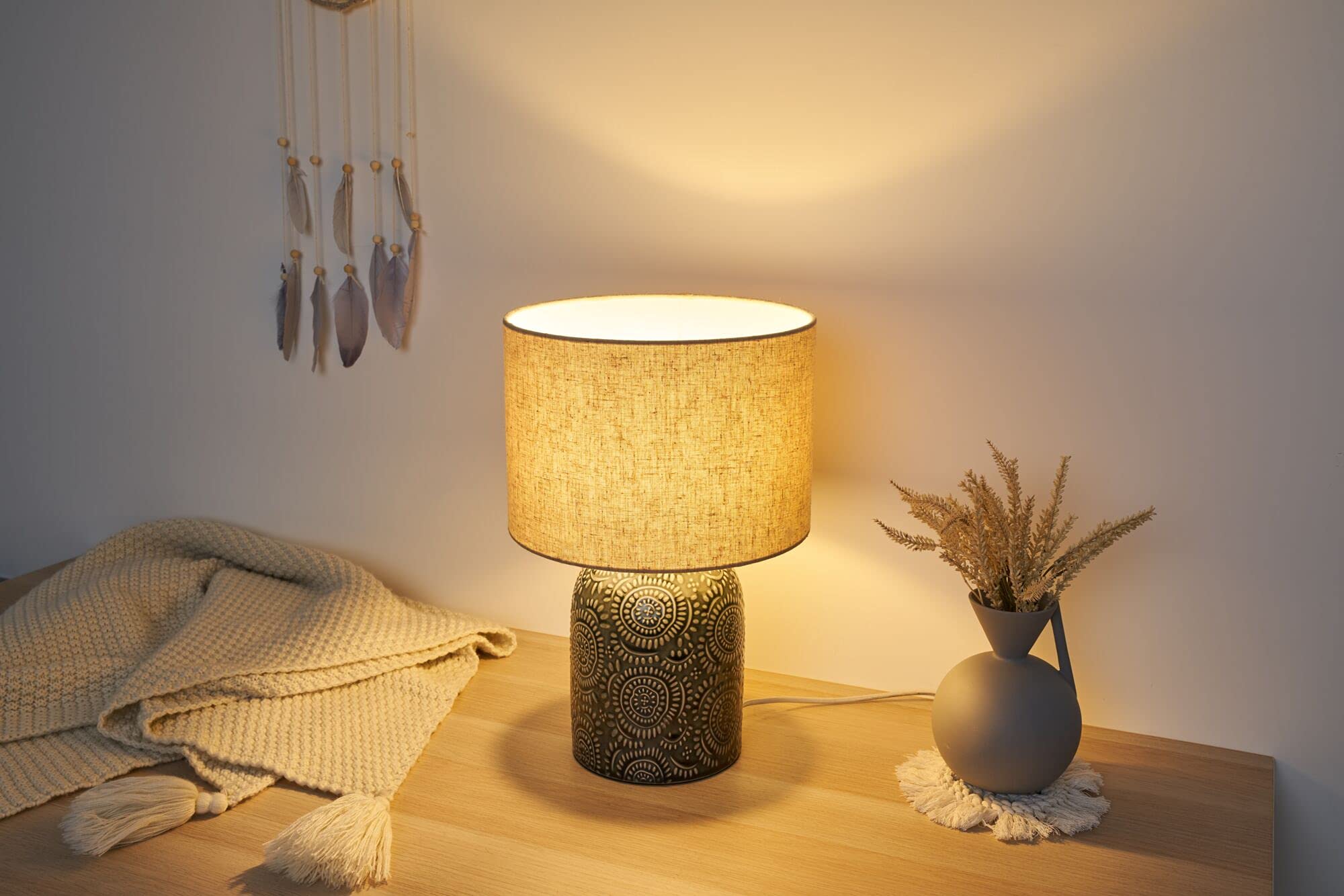 Pauleen 48225 Shiny Dreamer Tischleuchte max. 20 Watt handgefertigt Beige, Grau Nachttischlampe im Boho Look aus Stoff, Keramik E14