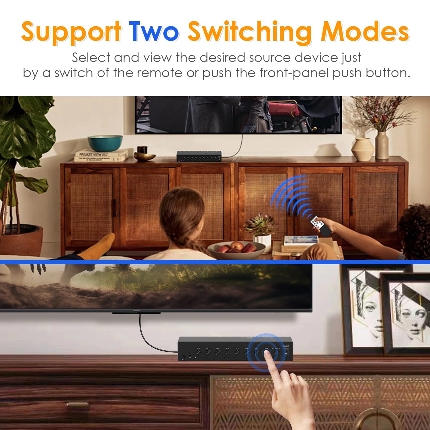 Switch HDMI/AV 8 in 1 con telecomando, 4K a 60 Hz 4:4:4, 4 ingressi HDMI e 4 × RCA a 1 uscita MI HD, HDR10/Dolby Vision, 18 Gbps, supporto 3D per TV/proiettore/monitor