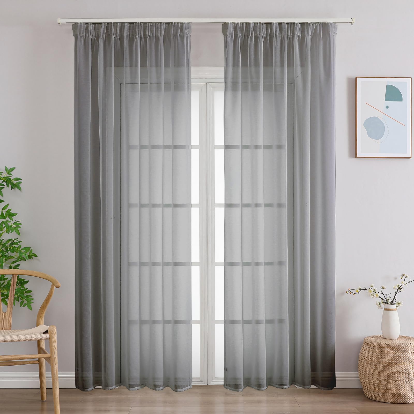 CUCRAF Gardinen mit Kräuselband,Transparent Vorhänge 2er Set für Wohnzimmer Schlafzimmer Kinderzimmer Vorhang
