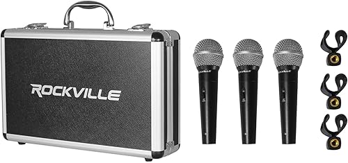 Rockville RMC-3PK - Paquete de 3 micrófonos dinámicos, unidireccionales, construcción de metal, XLR, sonido claro, bajo ruido de fondo, funda