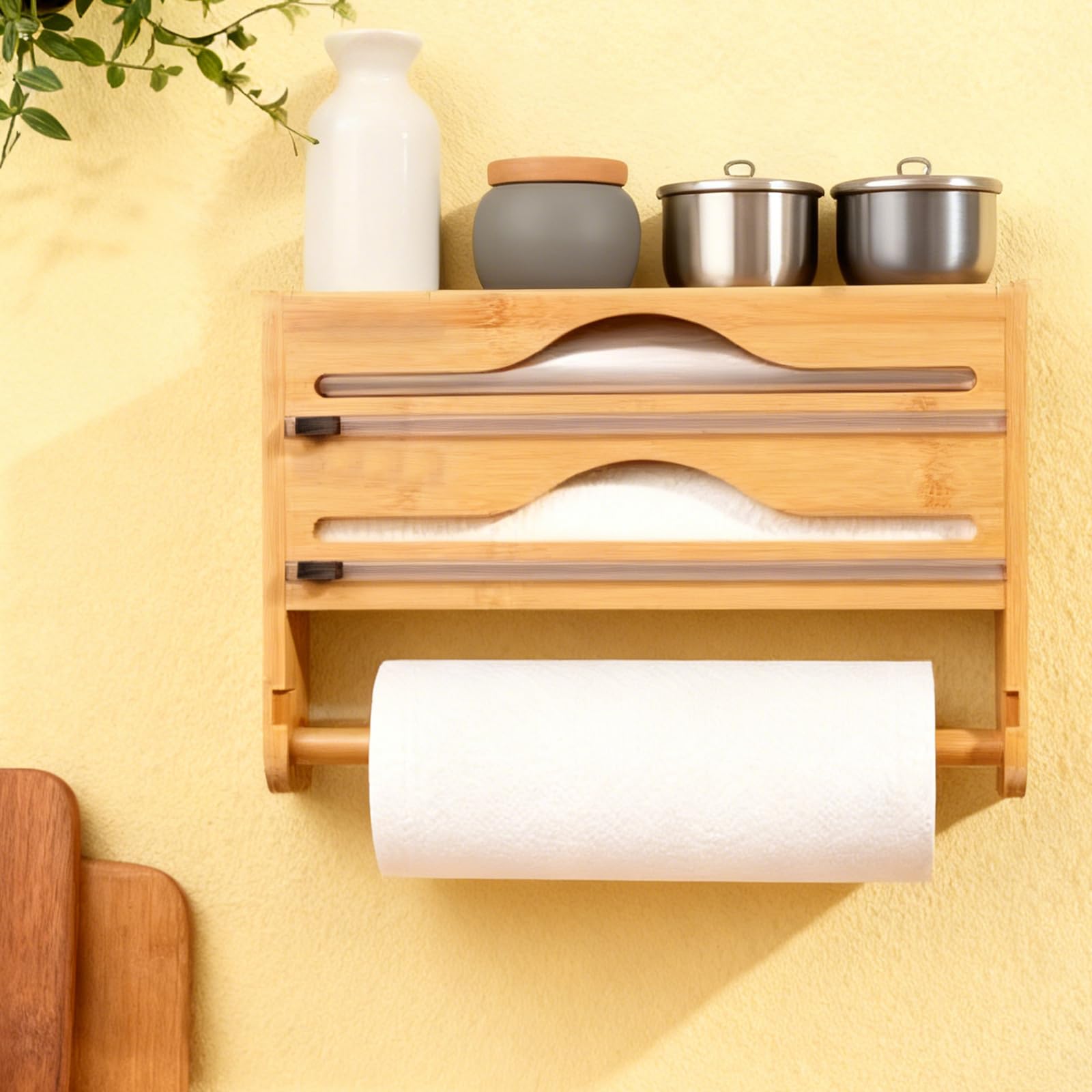 Dispensador de papel de aluminio 3 en 1 de madera con soporte para rollos de cocina, dispensador de papel film transparente de bambú, soporte para rollos de pared, dispensador de láminas adhesivas
